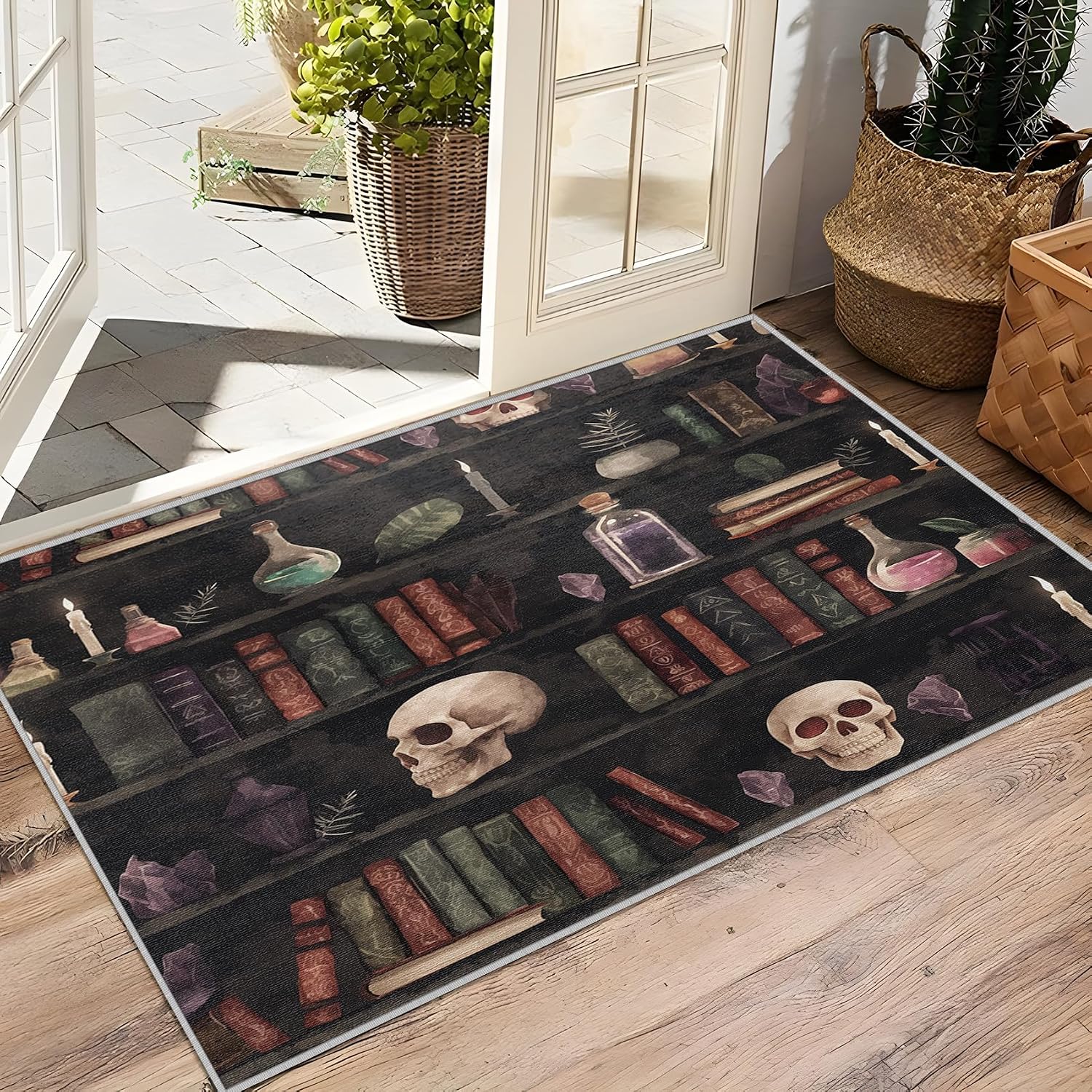 Witchcraft Washable Rugs - 5x8ft - Bookshelf Witch Skull Gothic Rugs for Living Room Non Slip Low Pile Area Rug for Bedroom,Witchcraft Carpets Room Decor