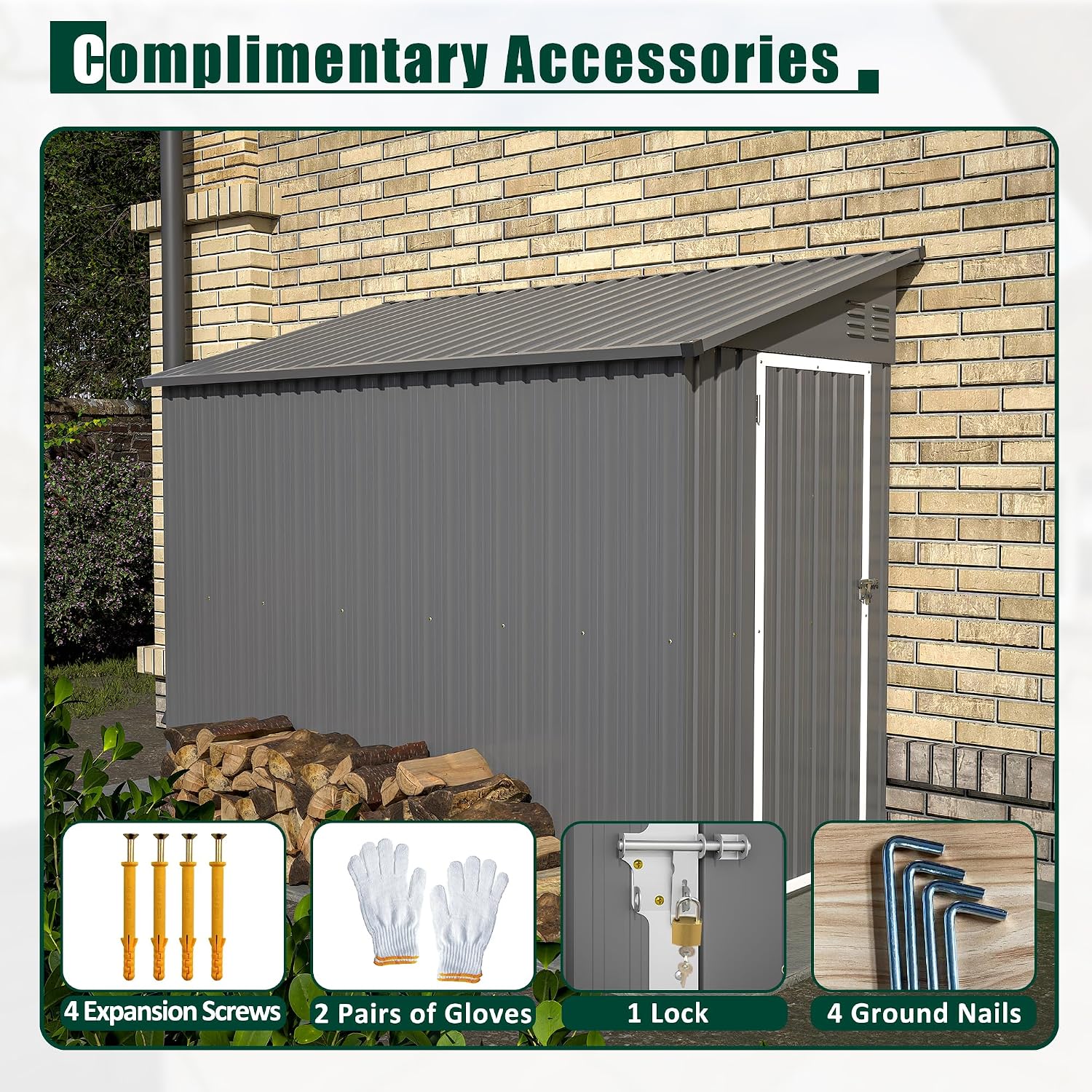 KELRIA 4 x 8 FT Metal Outdoor Storage Shed w/Foundation, Lean to Storage Sheds with Lockable Door and Air Vents, All Weather Waterproof Garden Tool House for Backyard, Patio, Lawn, Gray