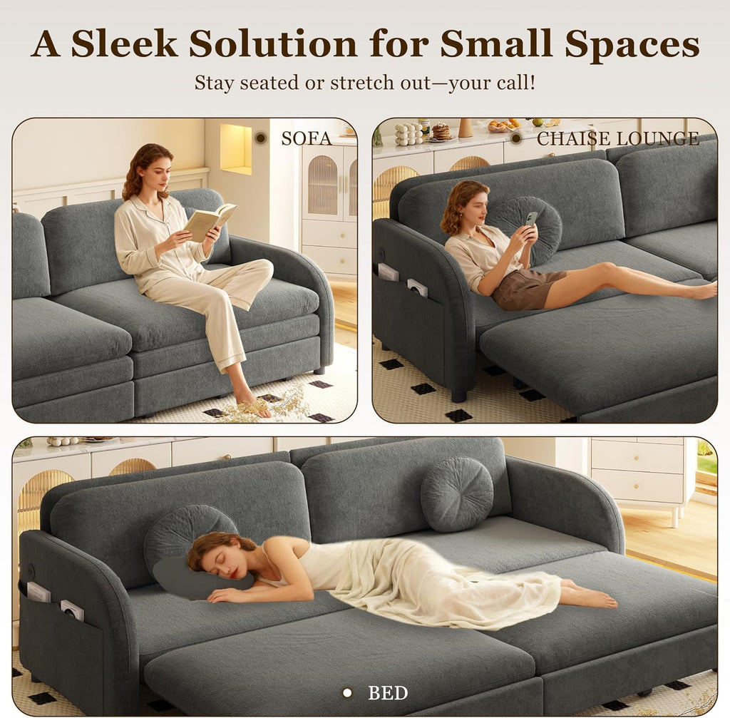 65.4'' Pull Out Couch Bed Queen Size, Chenille Sleeper Sofa Daybed, 3 in 1 Convertible Couches, Futon Sofa with 2 Pillows, Storage Pockets, USB, Loveseat for Living Room, Small Spaces, Grey