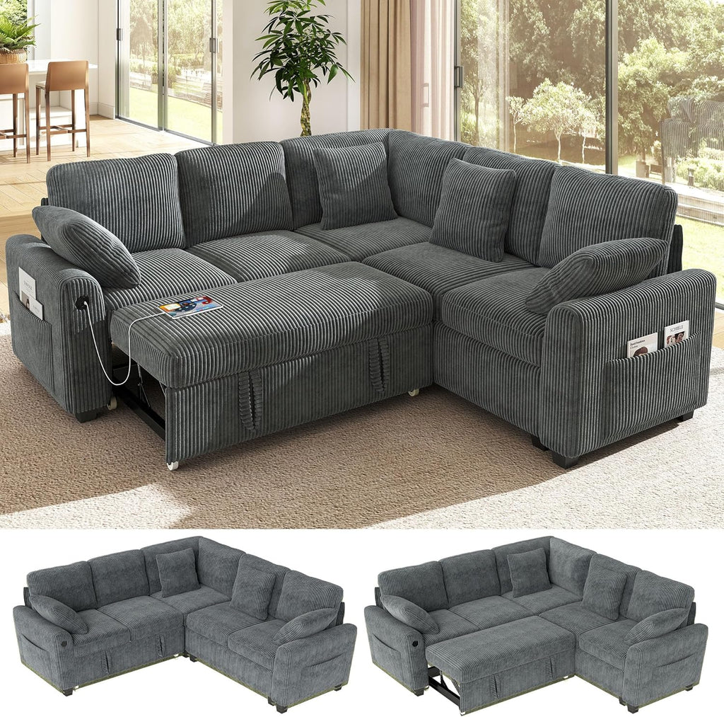Ihanherry 83-inch 5-Seater Large Sectional Sofa Bed with Storage, Corduroy Reversible Modular Sleeper Sofa with USB Port & 4 Pillows, Convertible L-Shaped Couch for Living Room（Gray）