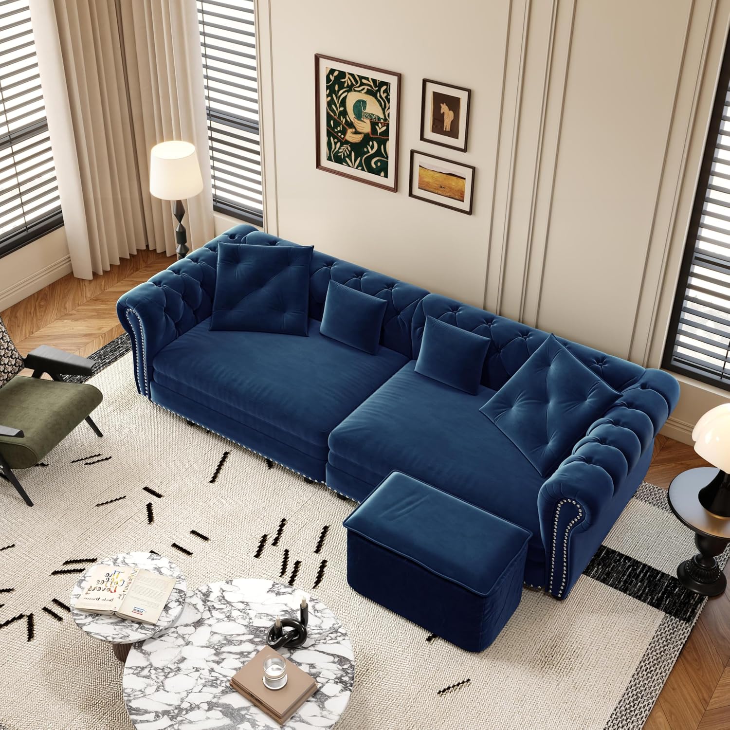 Ball & Cast 3-in-1 Convertible Sofa Bed with Movable Ottoman, 89' Pull Out Couch Bed King Size, Velvet 3 Seater Sleeper Sofa with Nailhead Trim & Rolled Arm,Sofa Couches for Living Room,Blue