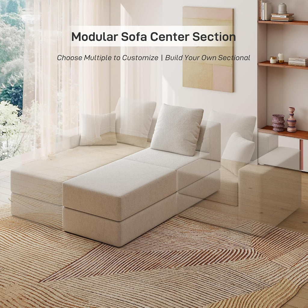 Living&Giving Cloud Sectional Couch for Living Room, Modular Boneless Couch with 1 Ottoman, Middle-seat Can Be Combined with Modular Sofa, Customizable Layout for Any Space, Beige
