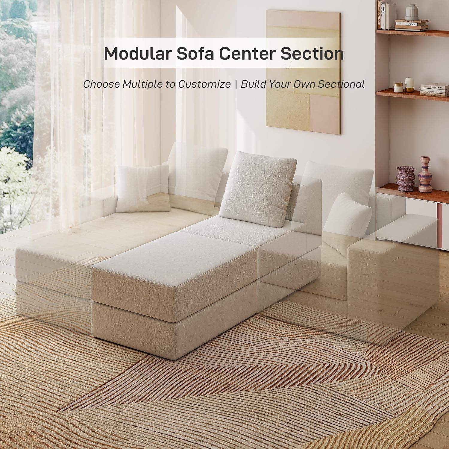 Living&Giving Cloud Sectional Couch for Living Room, Modular Boneless Couch with 1 Ottoman, Middle-seat Can Be Combined with Modular Sofa, Customizable Layout for Any Space, Beige