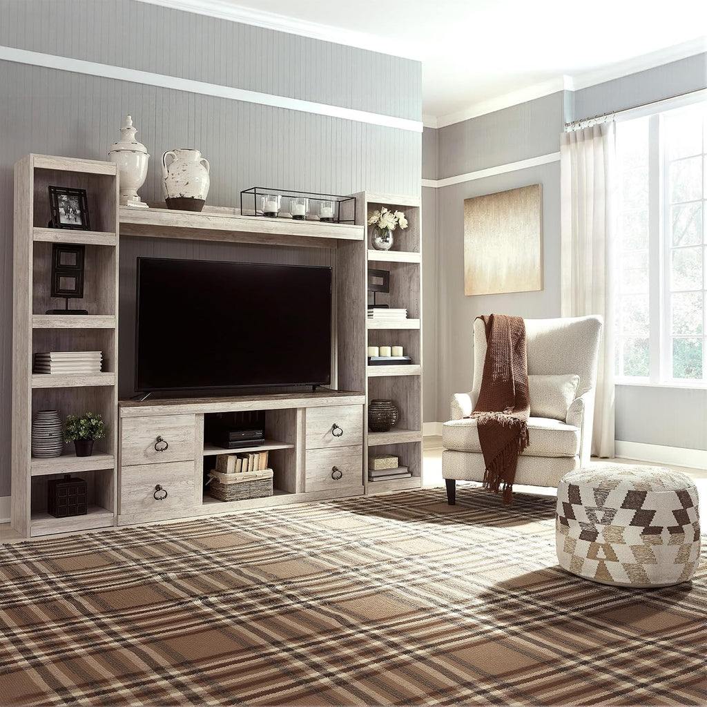 Signature Design by Ashley Willowton Farmhouse 4-Piece Entertainment Center for TVs up to 69' with Adjustable Shelves, Whitewash