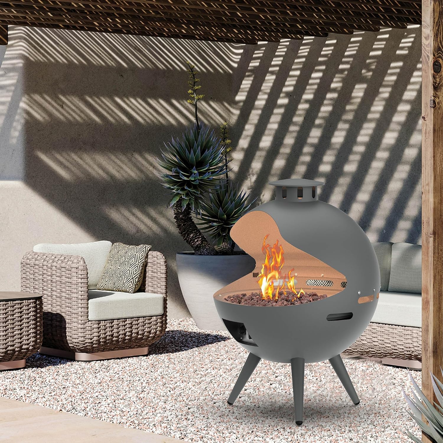 24-Inch Chimenea Outdoor Gas Fireplace, 55,000 BTU Propane Fire Pit with Lava Rocks and Rain Cover, Hemispherical 3-Legged Firepit, Gray