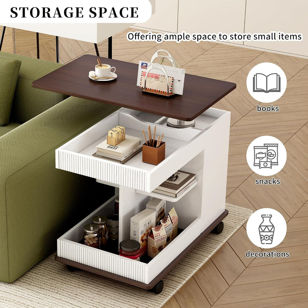 Merax Adjustable End Table with Wheels, Modern Multifunctional Sofa Side Table with Lift-Top, 360°Rotating Top and Storage Space for Living Room, Small Space, Brown+White