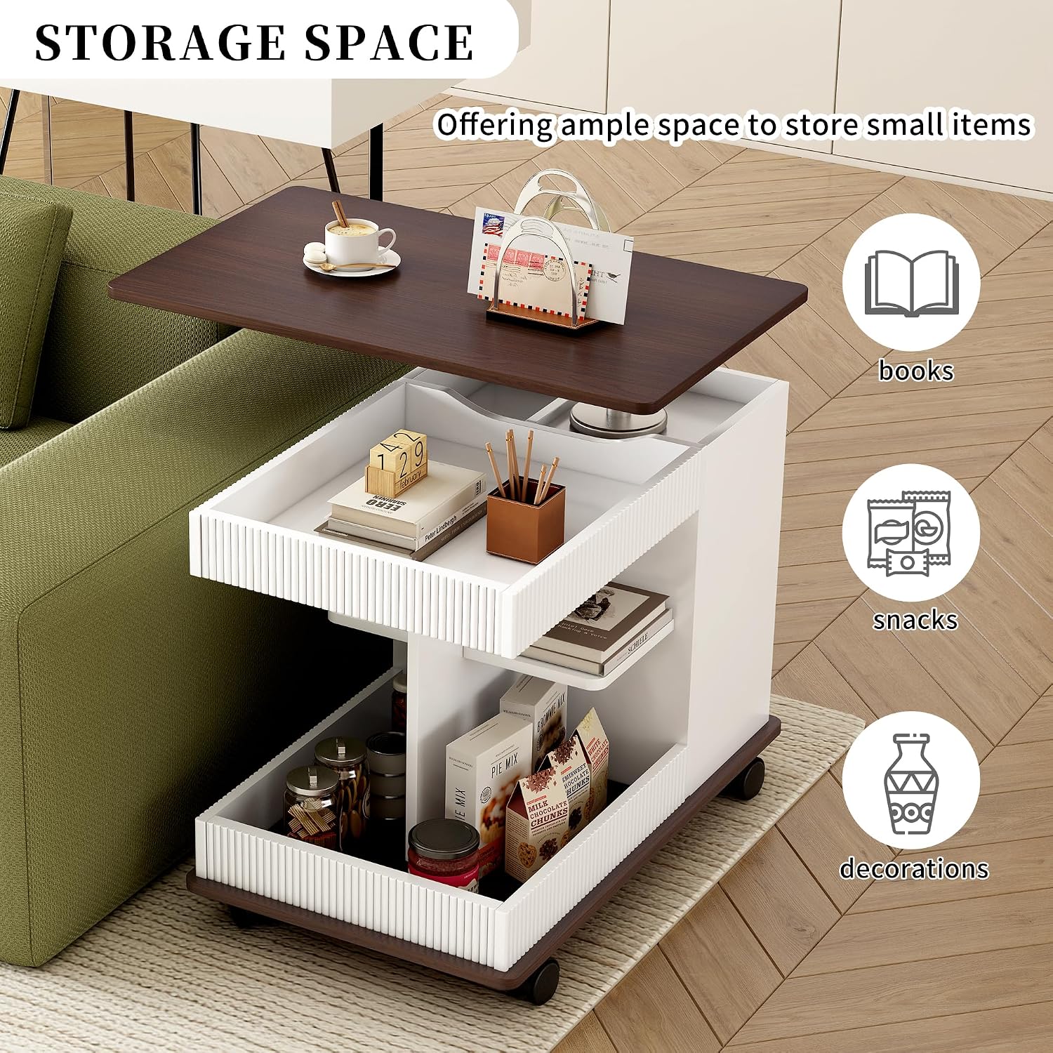 Merax Adjustable End Table with Wheels, Modern Multifunctional Sofa Side Table with Lift-Top, 360°Rotating Top and Storage Space for Living Room, Small Space, Brown+White