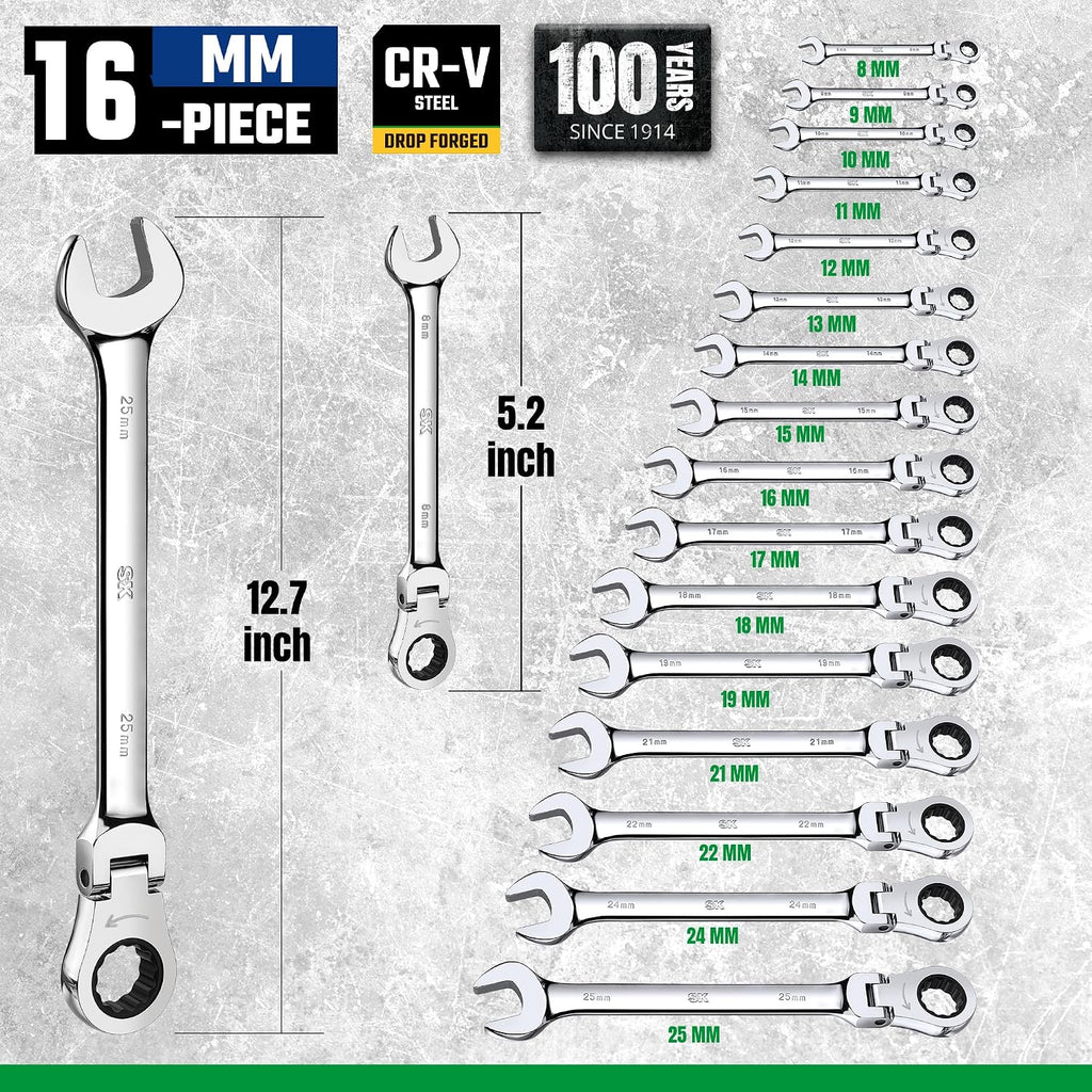 SK Flex-Head Ratcheting Wrench Set, Combination Wrench Set, 16-Piece, Metric 8 to 25mm, 72-Tooth, Premium CR-V Construction, with Rolling Pouch