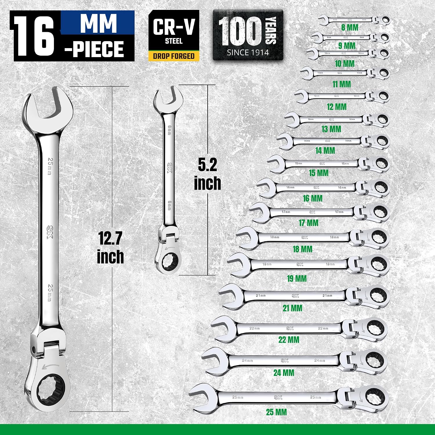 SK Flex-Head Ratcheting Wrench Set, Combination Wrench Set, 16-Piece, Metric 8 to 25mm, 72-Tooth, Premium CR-V Construction, with Rolling Pouch