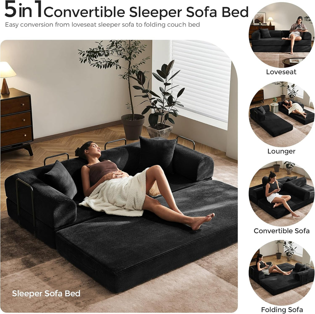 79' Convertible Sofa Bed with Fixed-Shape Frame & Removable Armrests, Modular Corduroy Sleeper Sofa, Folding Mattress Couch for Small Spaces - No Assembly Needed in Black (Includes 2 Pillows)