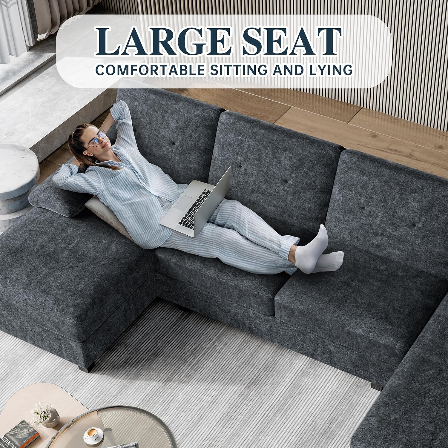 Sectional Couches for Living Room, U Shaped Couch 4 Seat Sectional Sofa with Chaise and Armrests, Comfortable Fabric Large Sofa for Apartment (Grey)