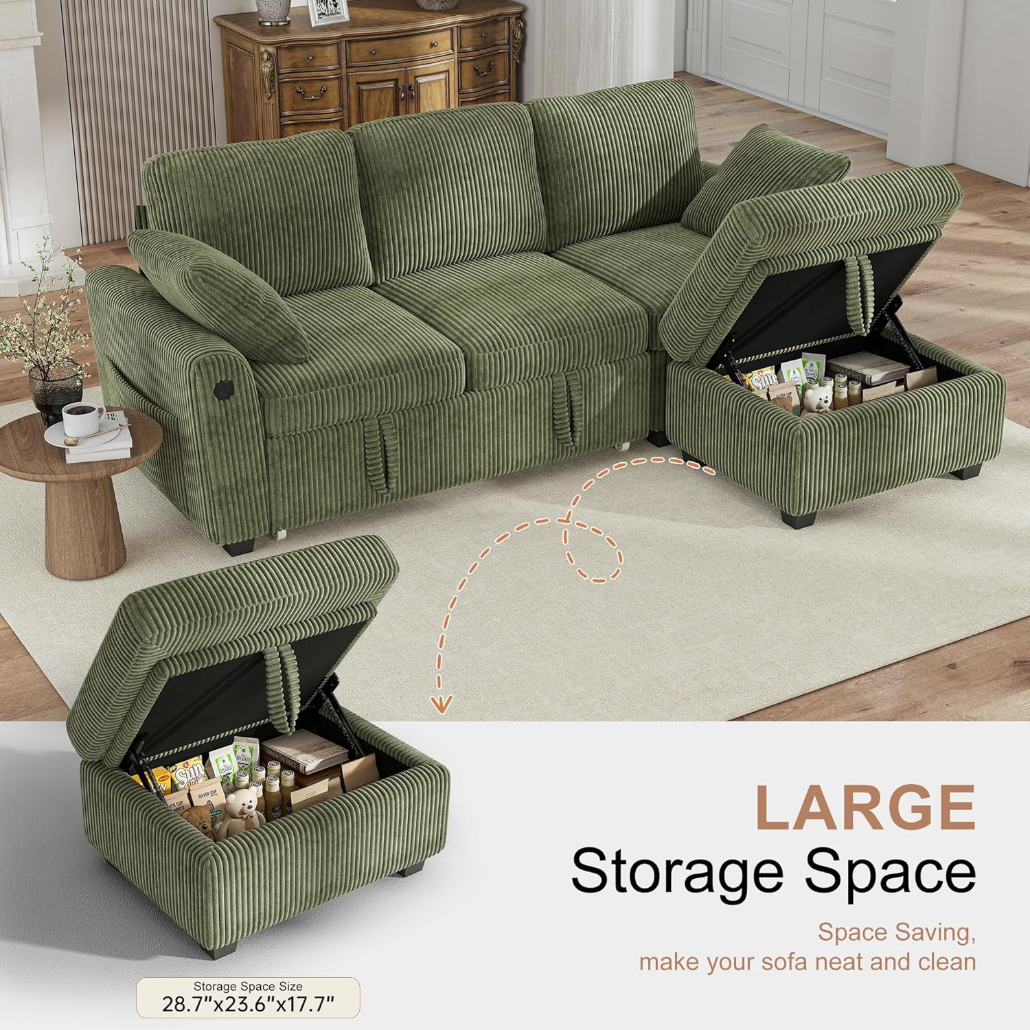 Hanherry 81' Sectional Couch with Pull Out Sofa Bed,Corduroy Sleeper Sofa with Storage Ottoman & USB Charging,Comfy L Shaped Modular Couches for Living Room,Apartment | USB charging port, side pockets, Corduroy fabric