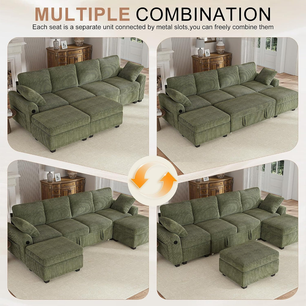 Hanherry 104' Sectional Couch with Pull Out Sofa Bed,Corduroy Sleeper Sofa with Storage Ottoman & USB Charging,Comfy U Shaped Modular Couches for Living Room,Apartment