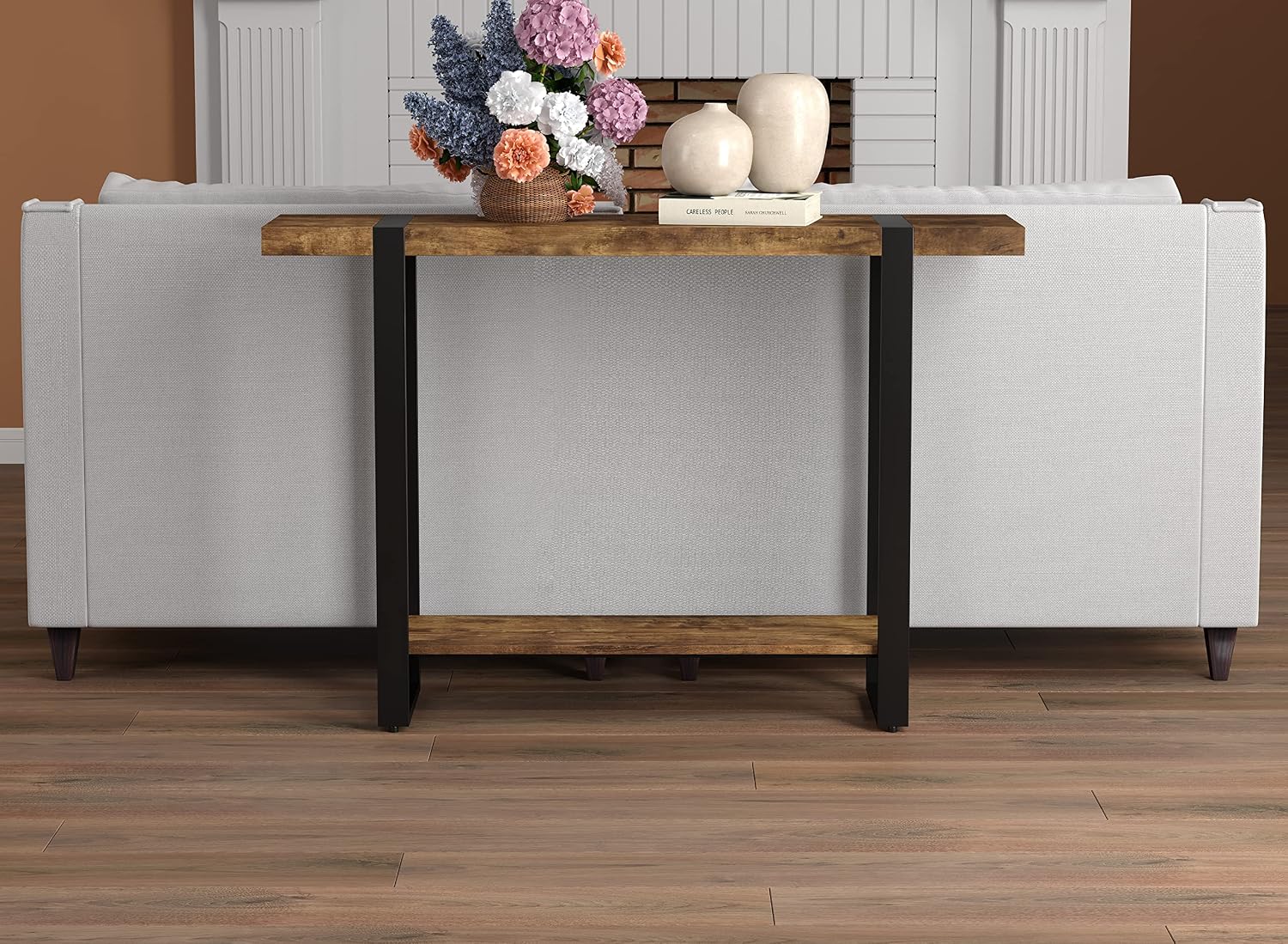Console Table, 2-Layer Entryway Table, Console Tables for Entryway, Use As Doorway Table, Sofa Table, or Accent Furniture for Decorating Foyer 47 in Brown Reclaimed Wood Look Black Metal