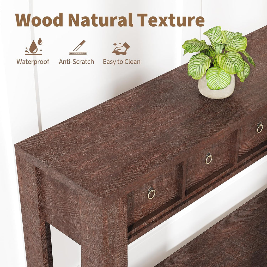 IDEALHOUSE 54inch Rustic Wooden Entryway Table with 2 Drawers & Open Shelf – Farmhouse Console Sofa Table for Hallway, Foyer & Living Room, Brown