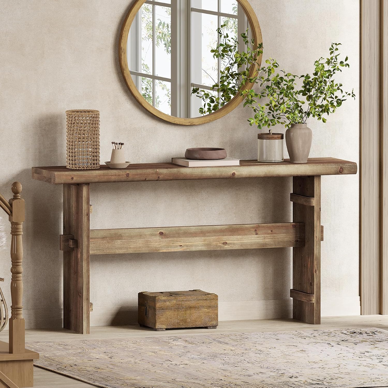 TRIBEWOOD 63-Inch Solid Wood Console Table for Entryway, Narrow Long Farmhouse Sofa Table Behind Couch, for Foyer, Hallway, Living Room, Easy Asswmbly, Brown Greige