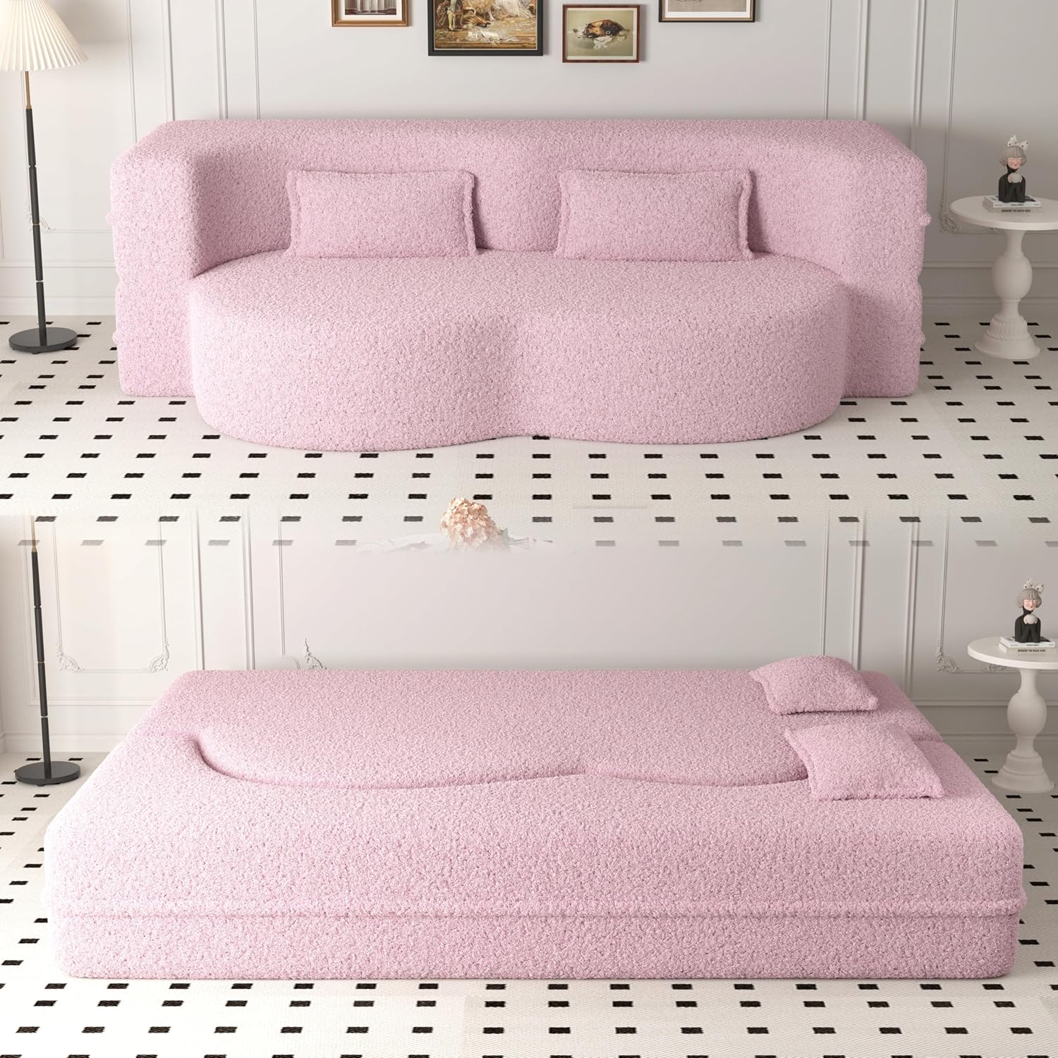 Ball & Cast 78' Sleeper Sofa Bed with 2 Pillows, Convertible Teddy Fabric Foam-Filled Could Couch, Modern Floor Sofa for Living Room,Guest Bed,Playroom,No Assembly Required,Pink