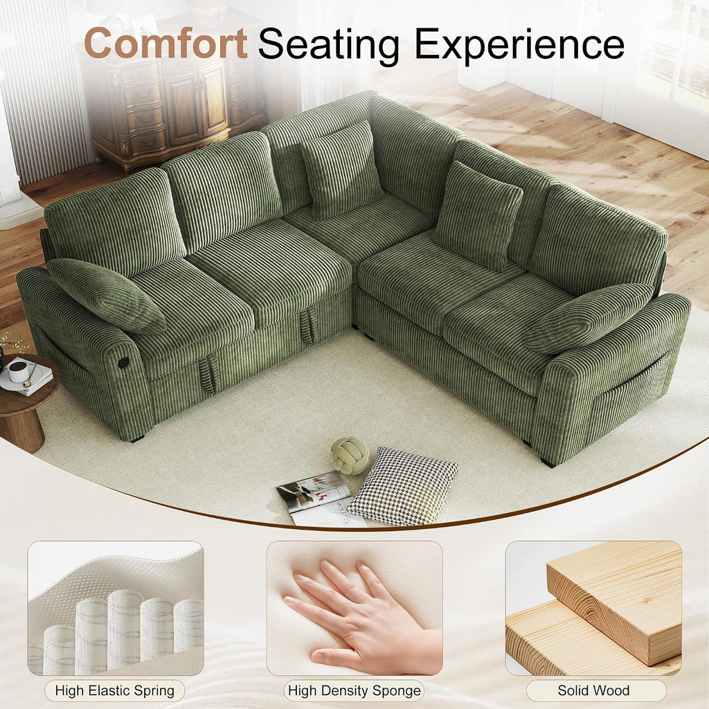 Hanherry Sectional Couch with Pull Out Sofa Bed,Corduroy Sleeper Sofa with 2 Seat Storage & USB Charging,Comfy L Shaped Modular Couches for Living Room,Apartment
