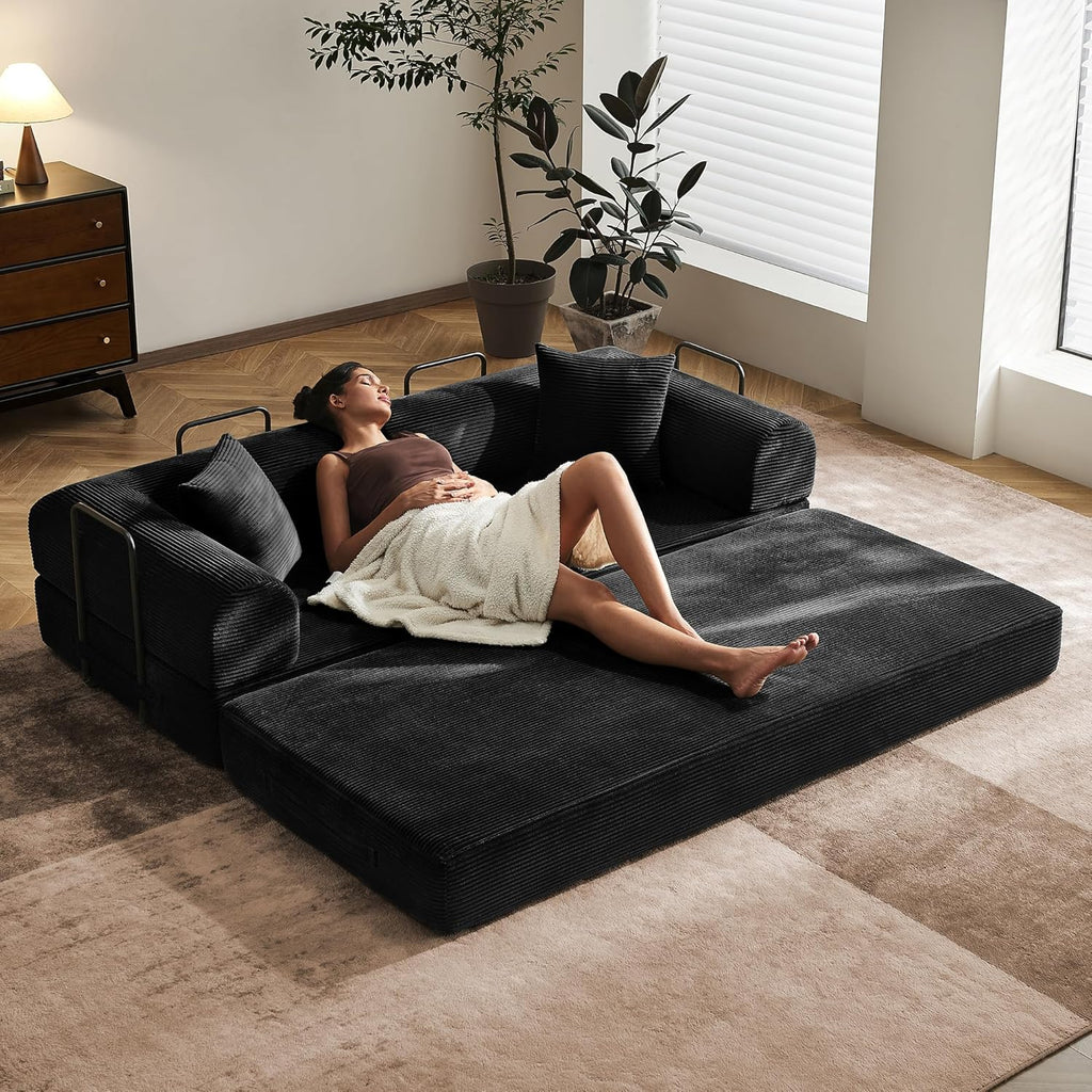 79' Convertible Sofa Bed with Fixed-Shape Frame & Removable Armrests, Modular Corduroy Sleeper Sofa, Folding Mattress Couch for Small Spaces - No Assembly Needed in Black (Includes 2 Pillows)