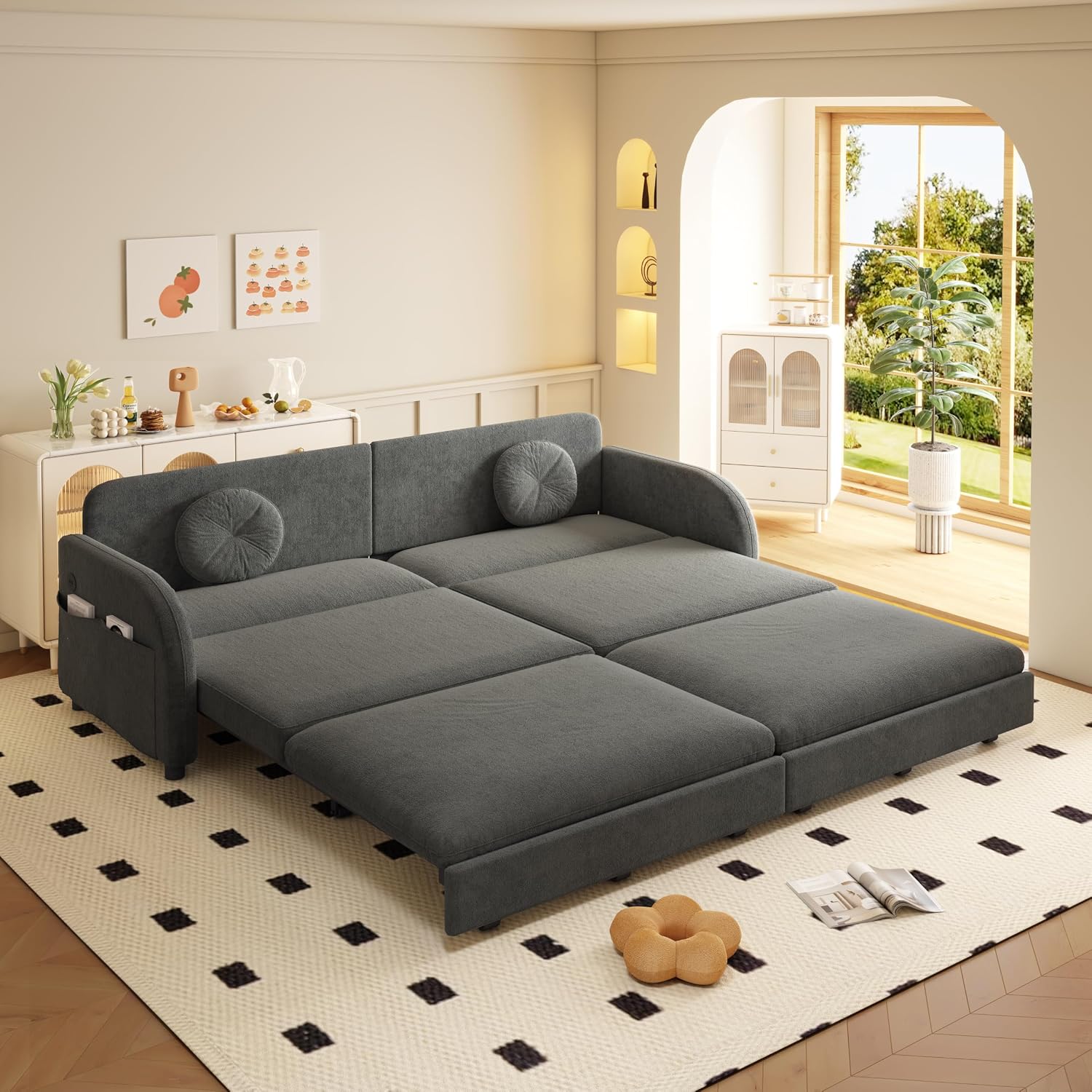 81.1'' Pull Out Couch Bed King Size, Chenille Sleeper Sofa Daybed, 3 in 1 Convertible Couches, Futon Sofa with 2 Pillows, Storage Pockets, USB, 3-Seater for Small Spaces, Living Room, Grey
