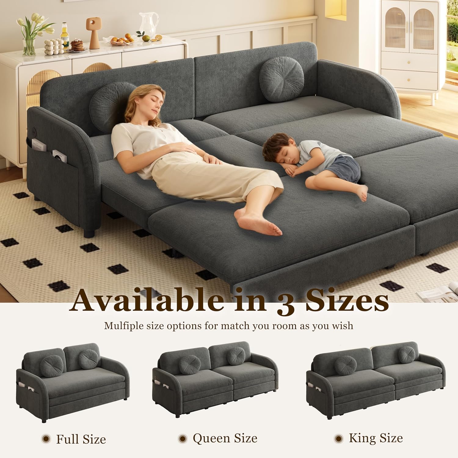 65.4'' Pull Out Couch Bed Queen Size, Chenille Sleeper Sofa Daybed, 3 in 1 Convertible Couches, Futon Sofa with 2 Pillows, Storage Pockets, USB, Loveseat for Living Room, Small Spaces, Grey