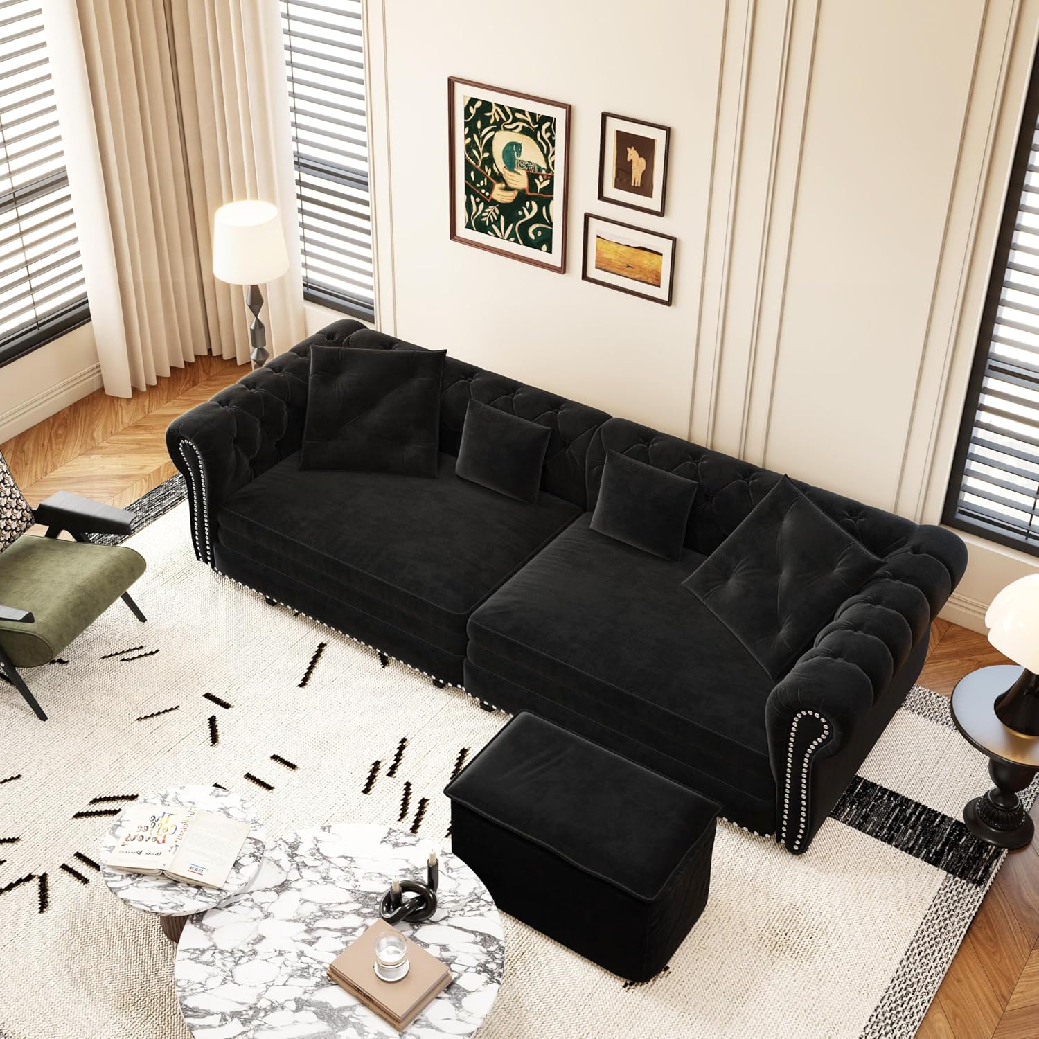 Ball & Cast 3-in-1 Convertible Sofa Bed with Movable Ottoman, 89' Pull Out Couch Bed King Size, Velvet 3 Seater Sleeper Sofa with Nailhead Trim & Rolled Arm,Sofa Couches for Living Room,Black