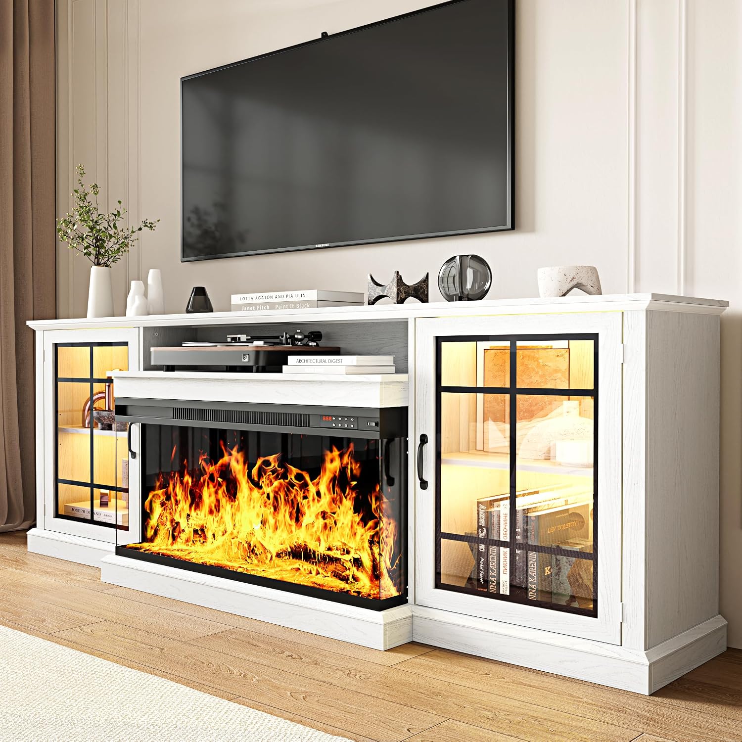 MXV 80'' Fireplace TV Stand, Farmhouse Entertainment Center with 3 Sided Glass TV Stand, Modern Media Console Table with Storage Drawers & Cabinets with LED Flame and Lights for Living Room, White