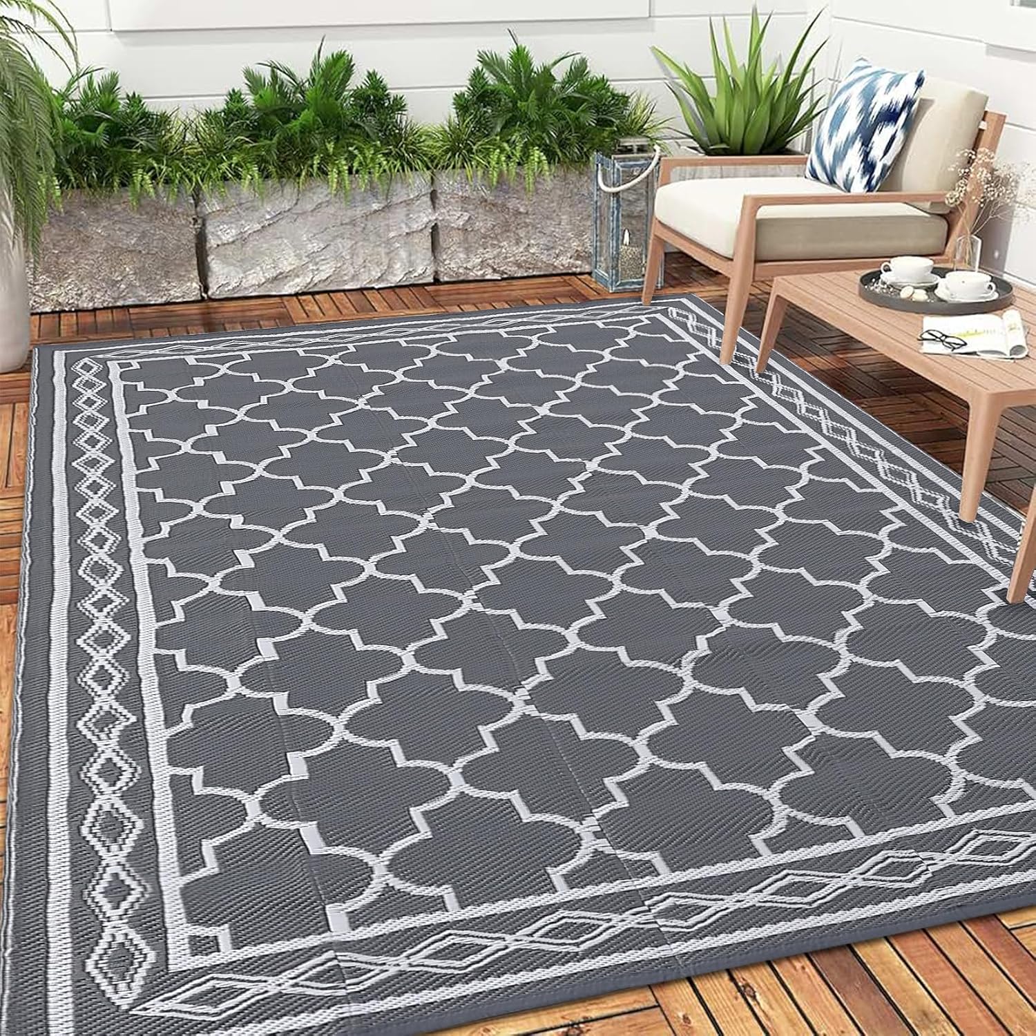 Outdoor Rug 10x20 Patio Waterproof, Foldable Reversible Outdoor Plastic Straw Rug Trellis Mat for Camper Outside Carpet for Rv, Deck, Porch, Picnic, Beach, Balcony Trellis|Grey&White
