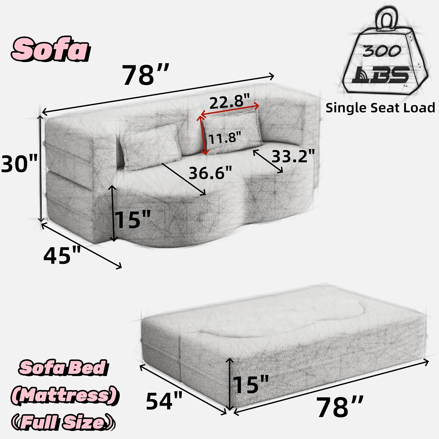 Ball & Cast 78' Floor Sofa Bed with 2 Pillows,Convertible Teddy Fabric Foam-Filled Sleeper Sofa Bed,Pull Out Couch Full Size Folding Mattress for Living Room,Playroom,No Assembly Required,Burgundy