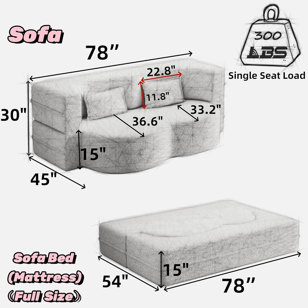 Ball & Cast 78' Floor Sofa Bed with 2 Pillows,Convertible Teddy Fabric Foam-Filled Sleeper Sofa Bed,Pull Out Couch Full Size Folding Mattress for Living Room,Playroom,No Assembly Required,Black