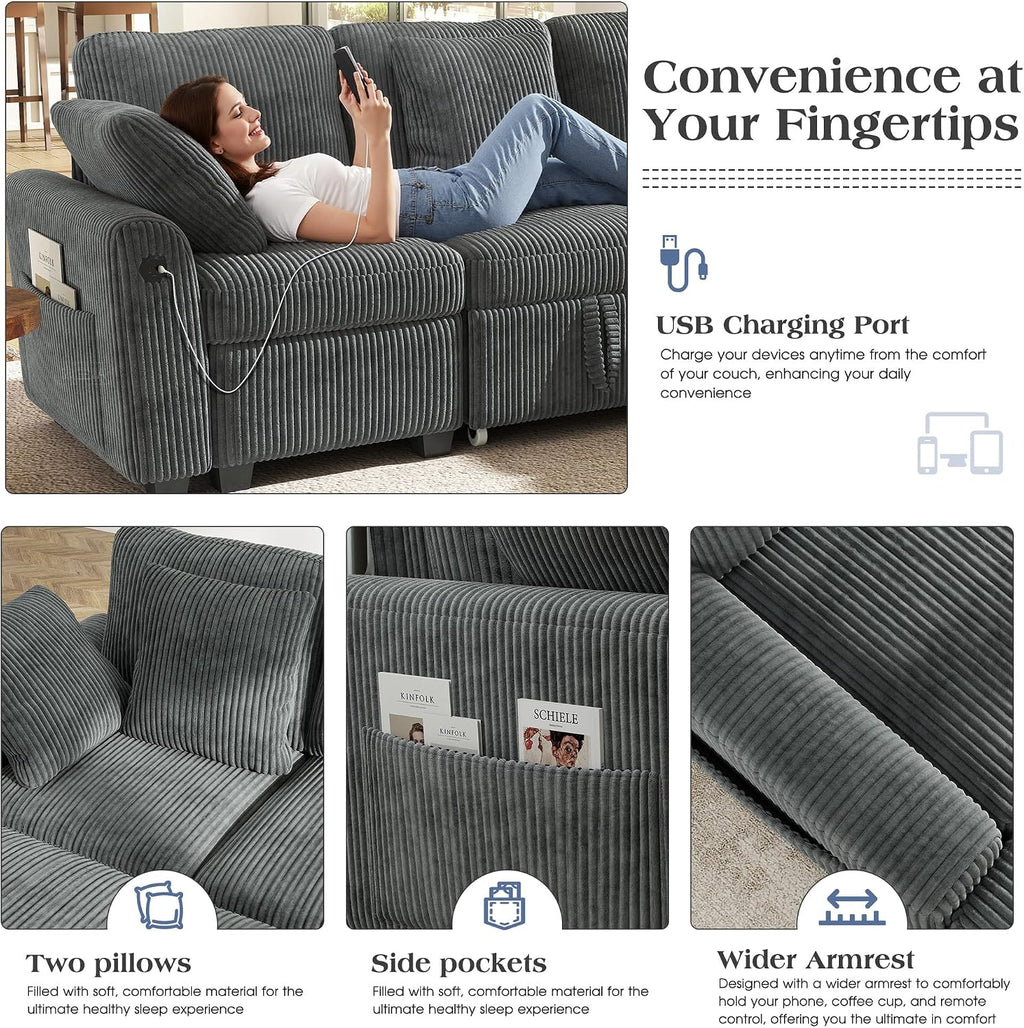 Ihanherry 59-inch Corduroy Convertible Sofa Bed with USB Charging Port, Side Pockets, and Wide Armrests – Full Size Sleeper for Living Room, Bedroom, and Multi-Scenario Use（Gray）
