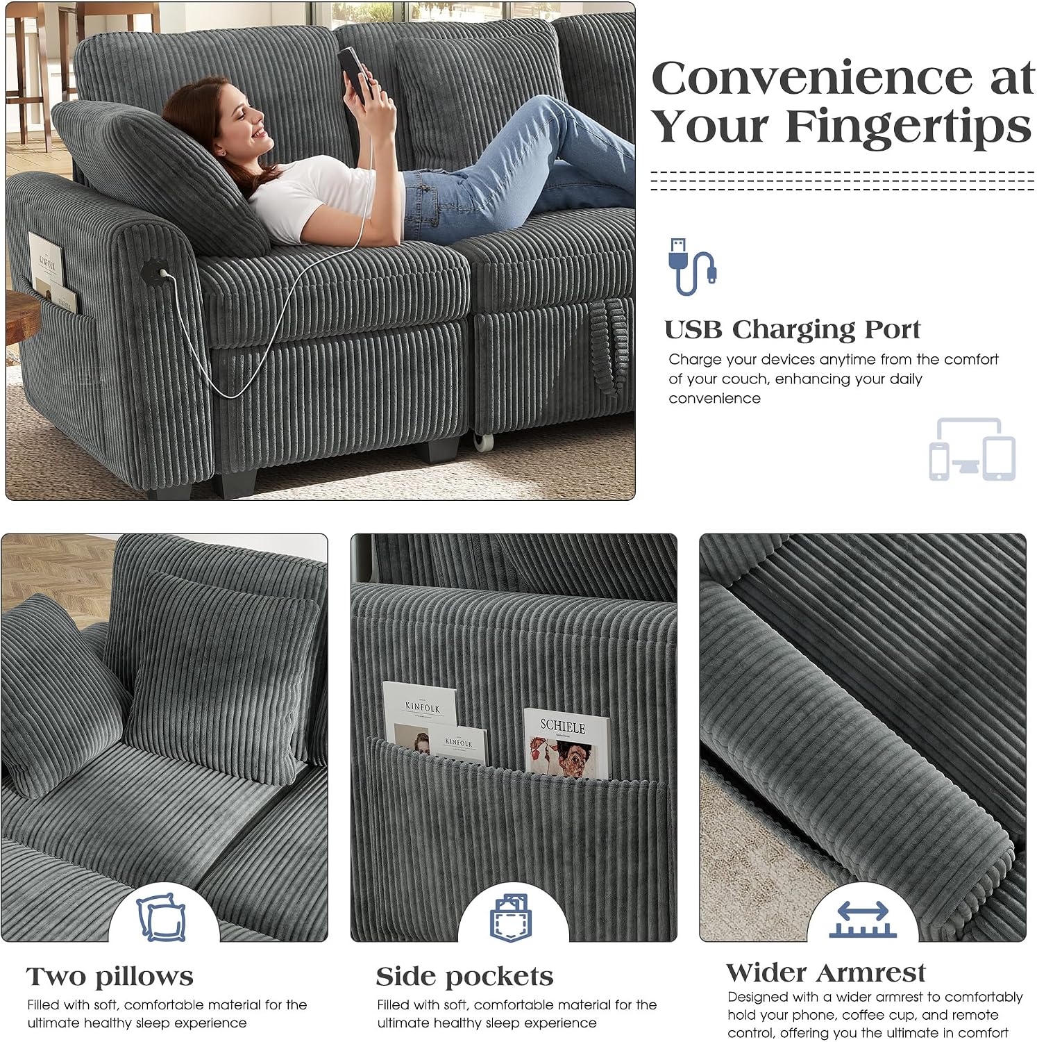Ihanherry 81-inch Corduroy Modular Sectional Sofa Bed with Storage Ottoman & USB Port, Reversible 3-Seater L-Shaped Sleeper Sofa, Left or Right Fasing Chaise for Living Room（Gray）