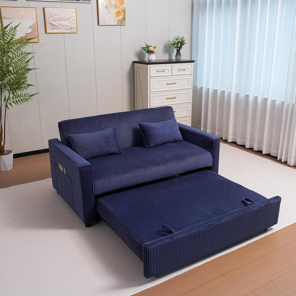 Ball & Cast 55' 3 in 1 Loveseat Futon Sofa-Bed,Convertible Pull Out Couch,Corduroy Upholstered Sleeper Sofa Bed with Adjustable Backrest,Side Pocket and 2 Pillows,Chaise Lounge for Living Room,Blue