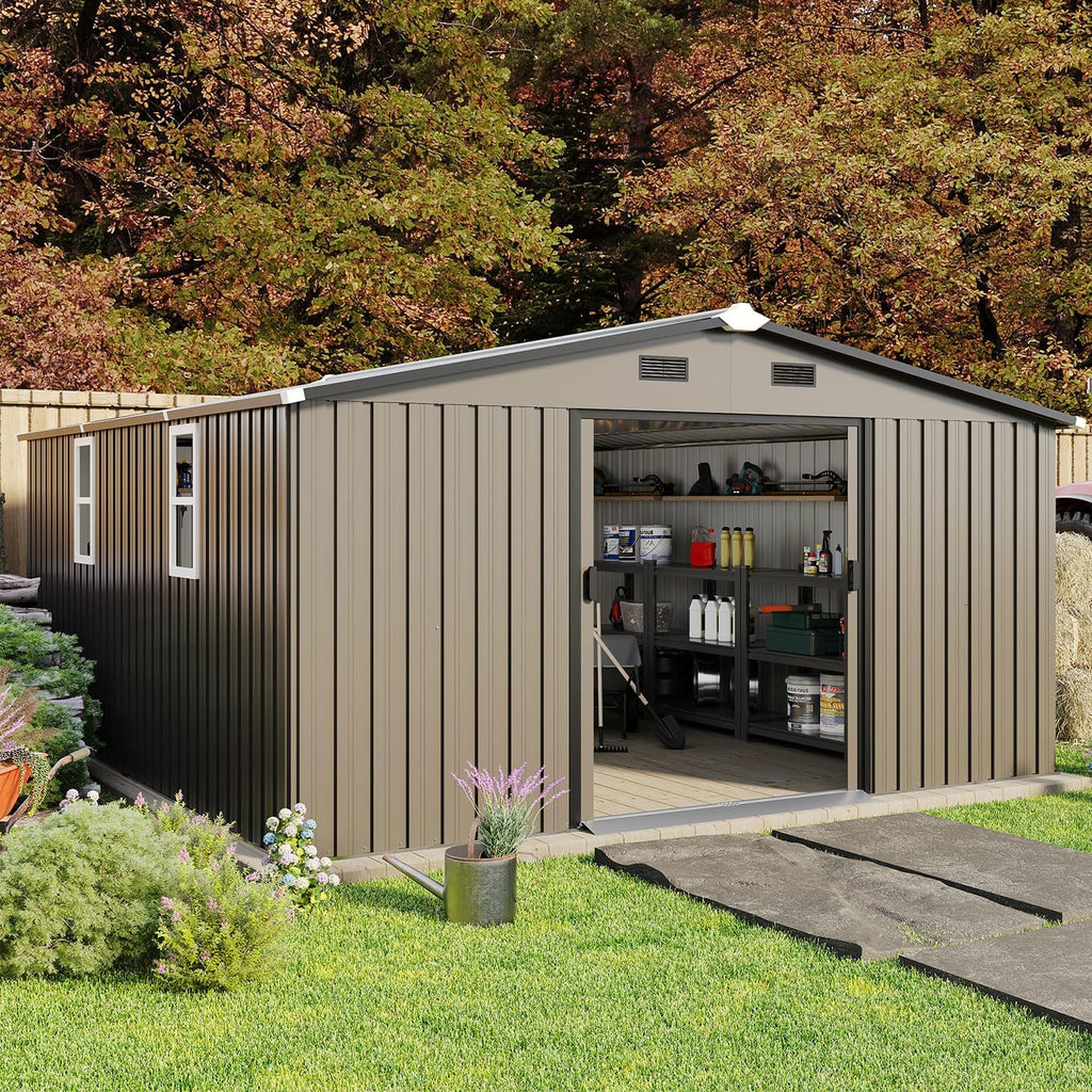 10x12 FT Outdoor Metal Storage Shed, Heavy Duty Galvanized Steel Garden Shed with Lockable Door, Vents, Windows, Waterproof UV-Resistant Tool Storage for Backyard, Patio