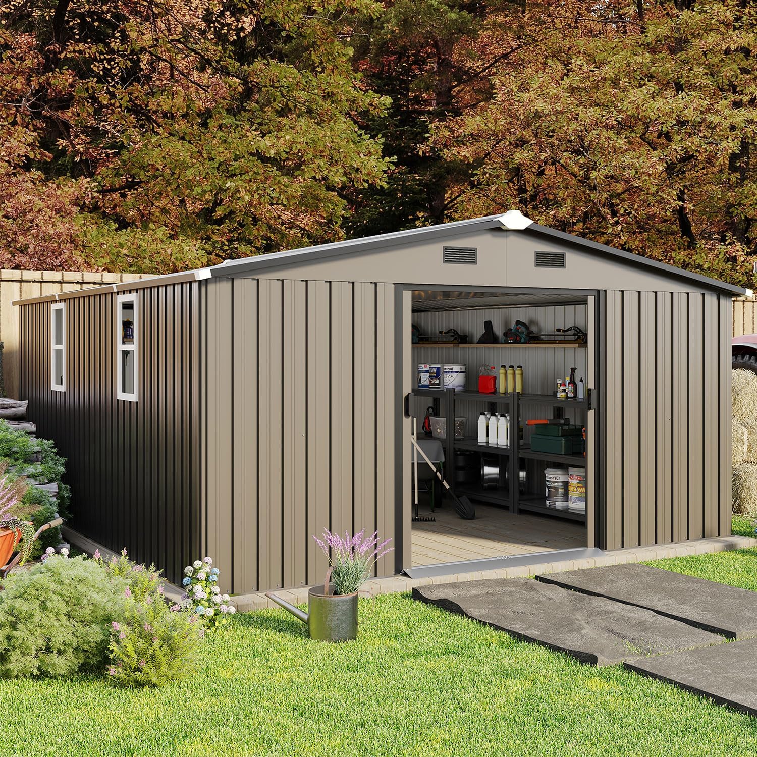 10x12 FT Outdoor Metal Storage Shed, Heavy Duty Galvanized Steel Garden Shed with Lockable Door, Vents, Windows, Waterproof UV-Resistant Tool Storage for Backyard, Patio