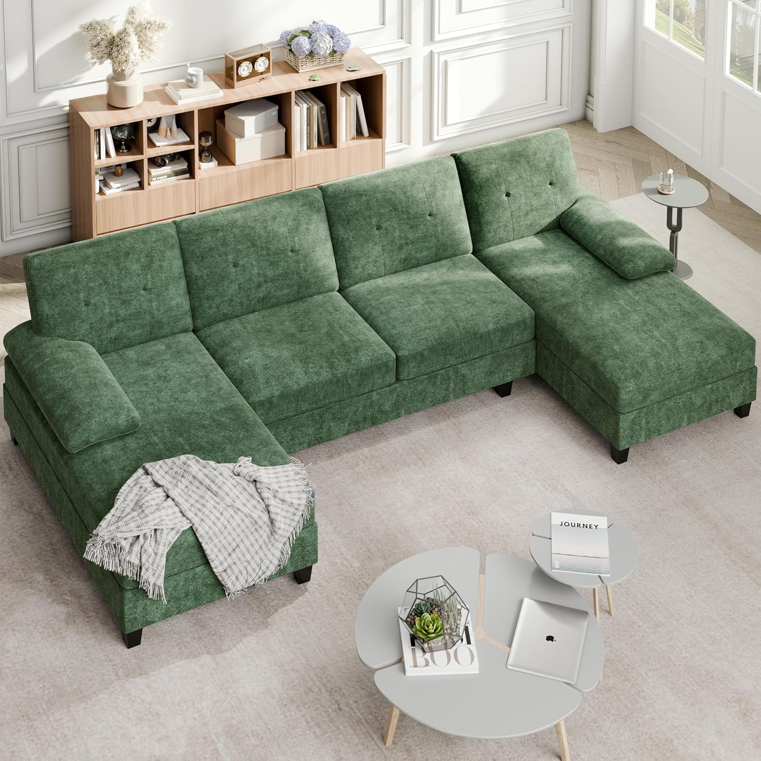 Sectional Couches for Living Room, 106 in U Shaped Couch Soft Sectional Sofa with Double Chaise, Comfortable Fabric 4 Seat Sofa Couch for Apartment (Green)