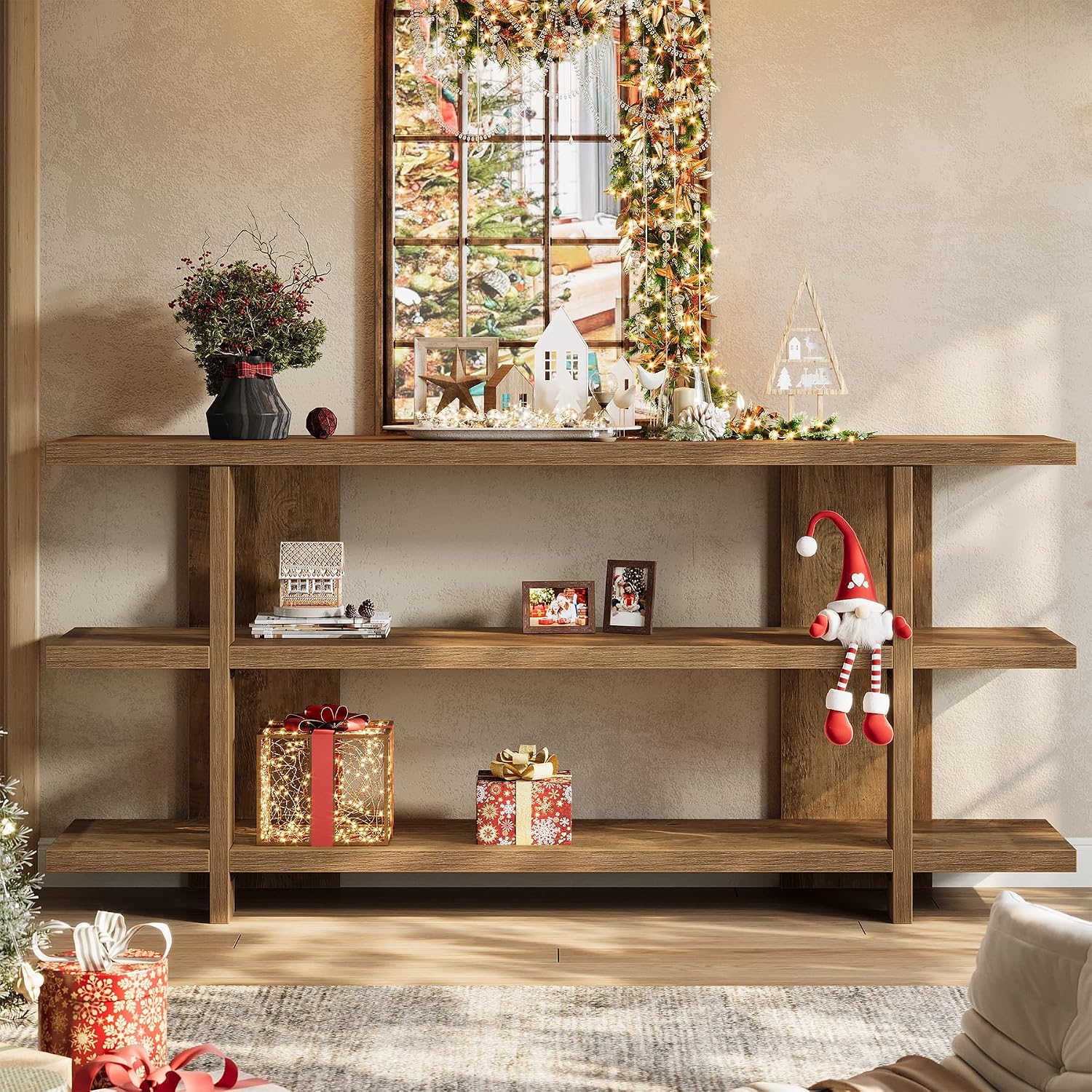 Tribesigns 63 Inches Long Console Table with Storage, Wooden Narrow Entryway Table with 3-Tier Shelf, Farmhouse Accent Foyer Sofa Furniture for Entryway, Living Room, Hallway