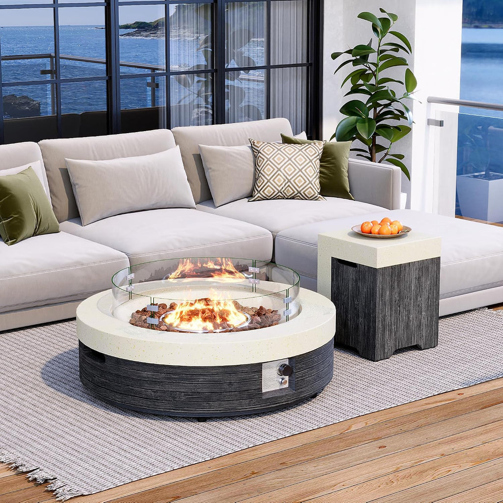 41inch Round Propane Fire Pit Table-Black & White Magnesium Oxide Design,50000 BTU Heat,with 20 Gallon Tank Cover, Glass Wind Guard & Waterproof Cover