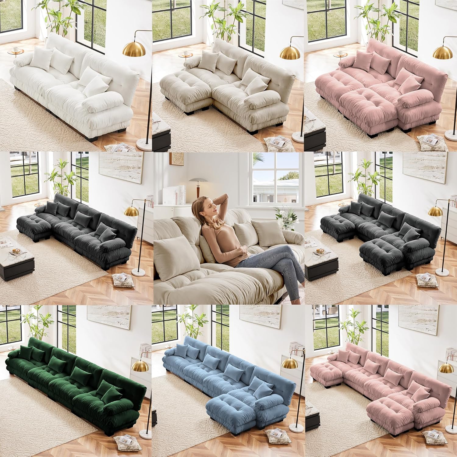 Modular Sectional Sofa, Comfy Cloud Couch Oversized Loveseat with Ottoman, Sectional Couches for Living Room, Modern Chenille L Shaped Couch, Sleeper Deep Seat Sofa with Throw Pillows, Blue