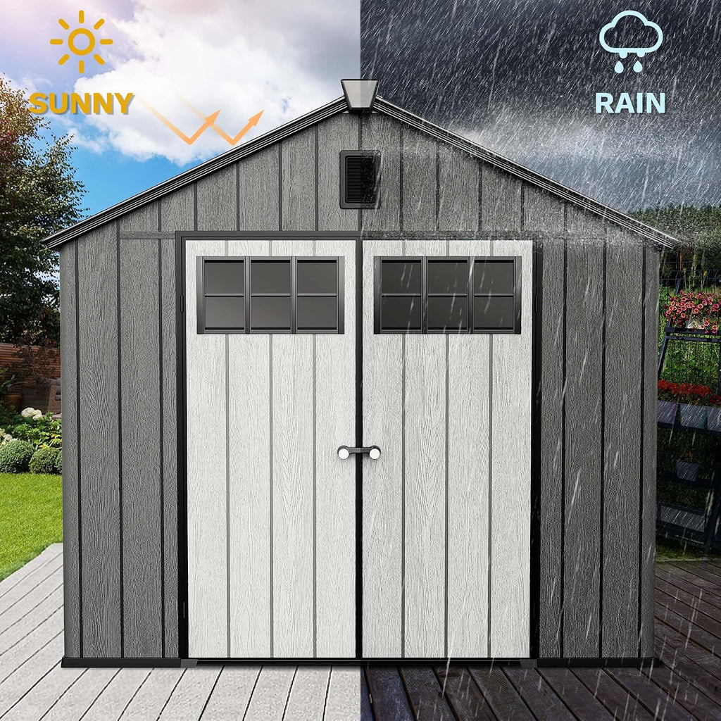 DWVO 8x10 FT Outdoor Storage Shed with Vision Grid Door Panel, 544 cuft Plastic Storage Shed with Floor, 16mm Heavy Duty All-Weather Garden Tool Sheds with Window & Vent for Pool Supplies, Black