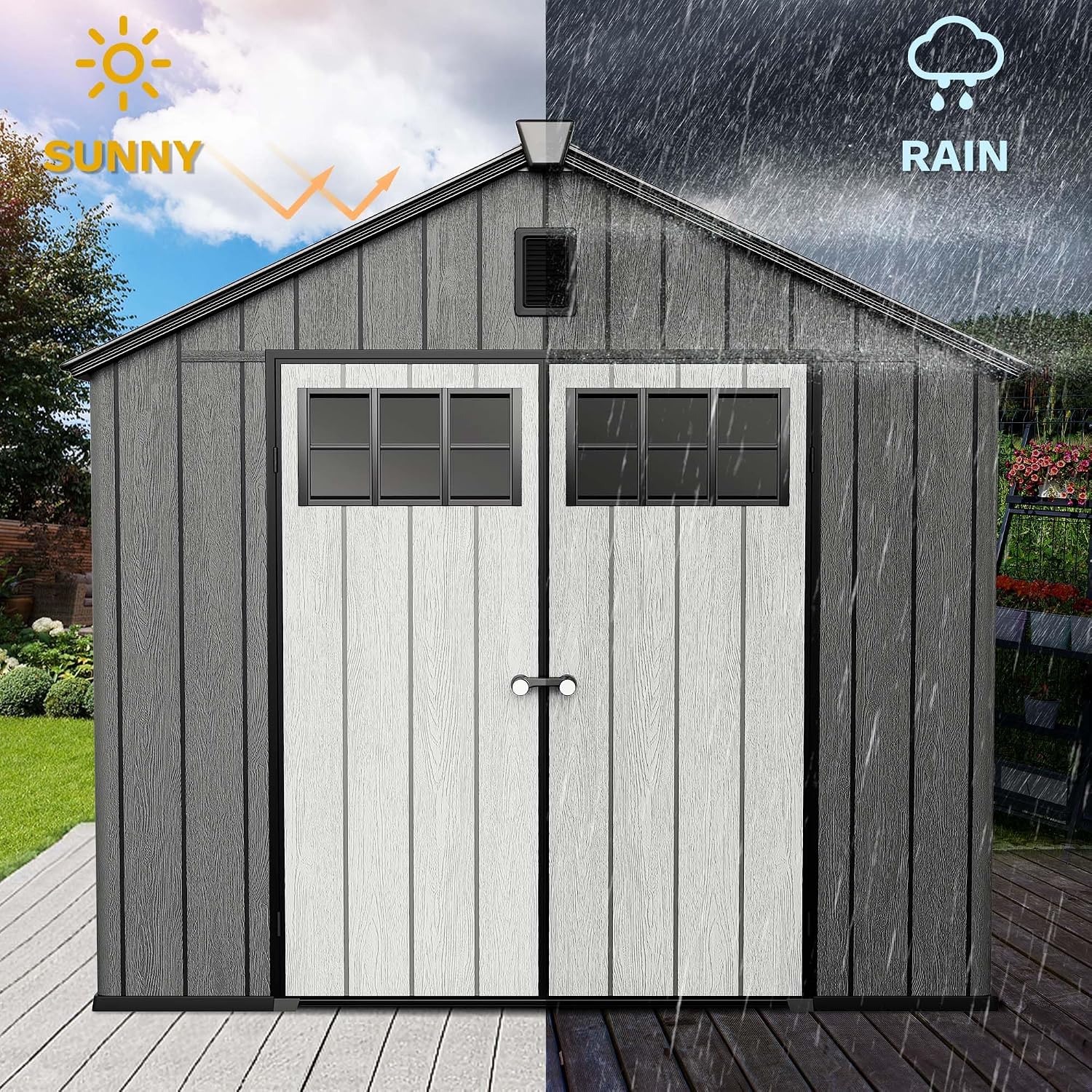 DWVO 8x10 FT Outdoor Storage Shed with Vision Grid Door Panel, 544 cuft Plastic Storage Shed with Floor, 16mm Heavy Duty All-Weather Garden Tool Sheds with Window & Vent for Pool Supplies, Black