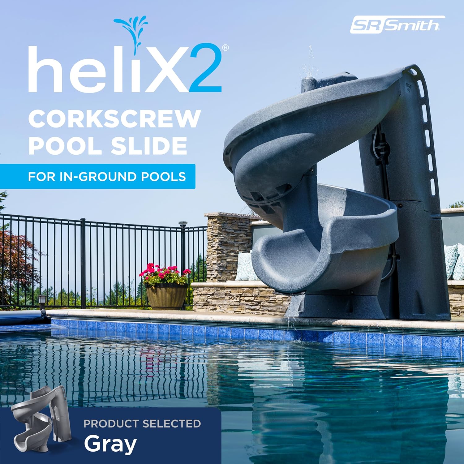 S.R.Smith Helix2 Pool Slide, Gray – Premium Water Slide with Spiral Curve for Inground Swimming Pool – Deck Mounted with Enclosed Ladder for Safety