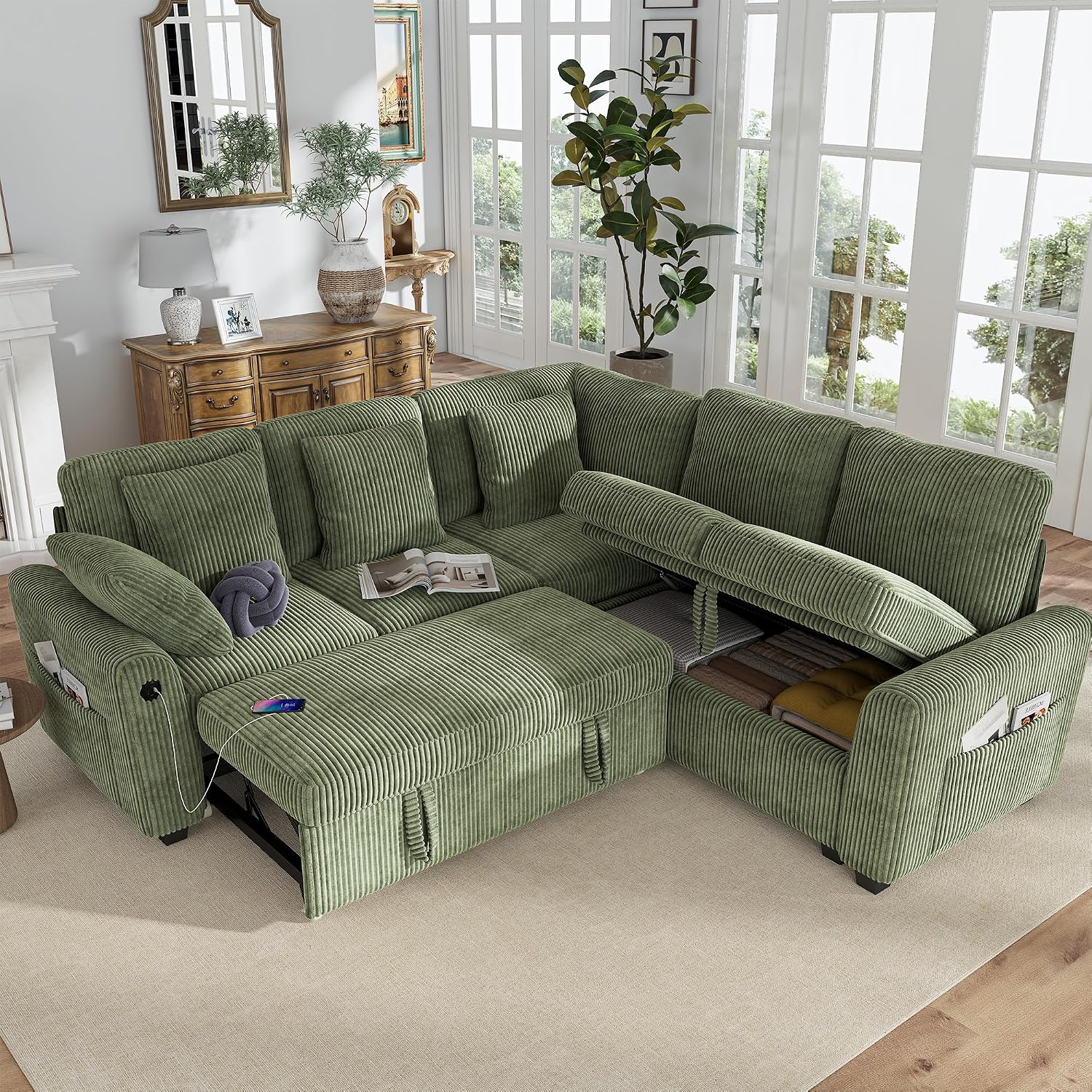 Hanherry Sectional Couch with Pull Out Sofa Bed,Corduroy Sleeper Sofa with 2 Seat Storage & USB Charging,Comfy L Shaped Modular Couches for Living Room,Apartment