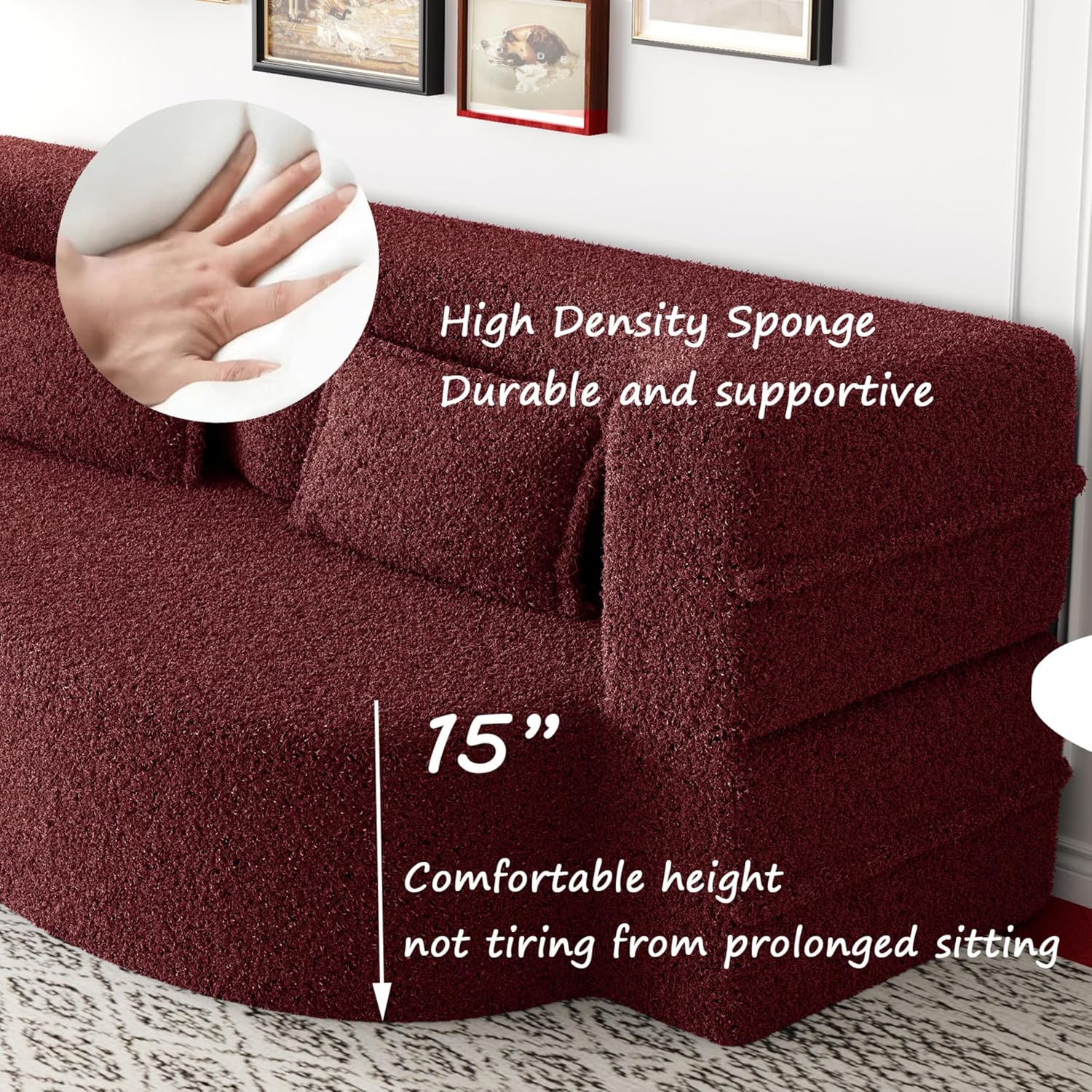 Ball & Cast 78' Floor Sofa Bed with 2 Pillows,Convertible Teddy Fabric Foam-Filled Sleeper Sofa Bed,Pull Out Couch Full Size Folding Mattress for Living Room,Playroom,No Assembly Required,Burgundy