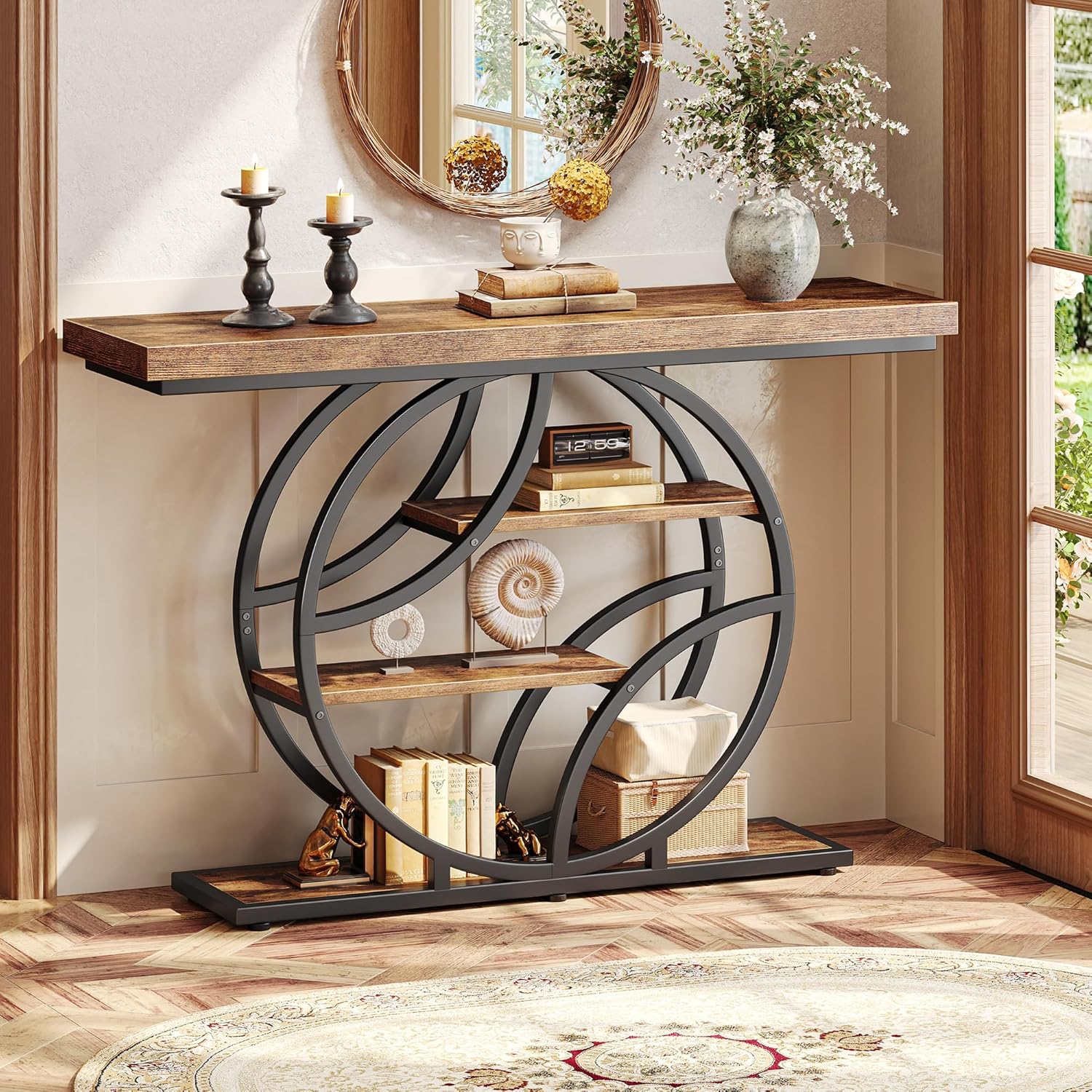 Huuger 47.2 Inch Entryway Table, Industrial Console Sofa Table with Storage, Accent Table with Shelves, for Entry, Hallway, Entrance, Foyer, O-Shaped Metal Frame, Rusitc Brown