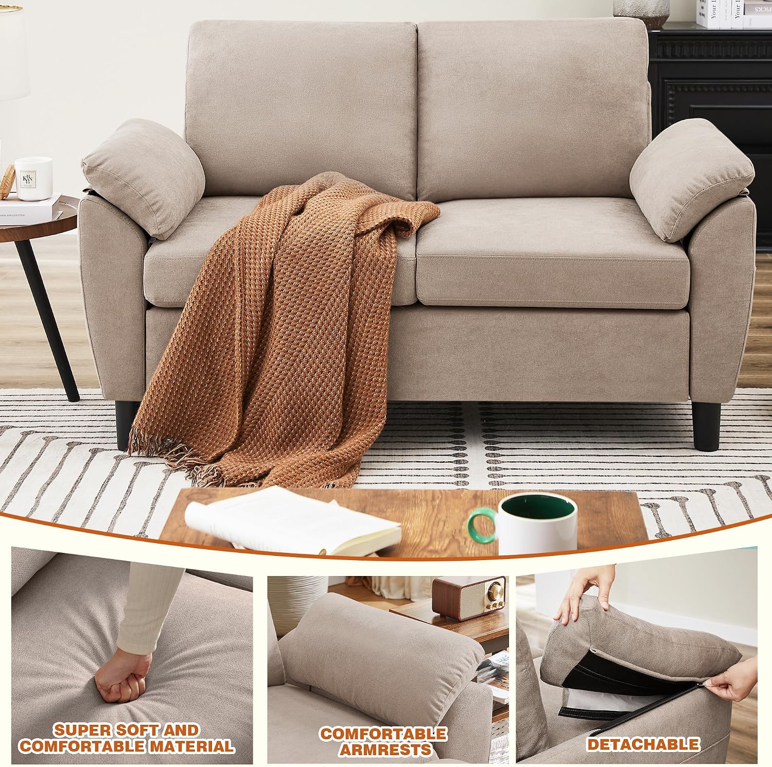 3 Pieces Sectional Sofa Set, 79' Modern L Shaped Couch & 57' Loveseat & 35' Accent Chair, Linen Upholstered Sofa Set with Movable Ottoman, Couches for Living Room, Apartment, Beige