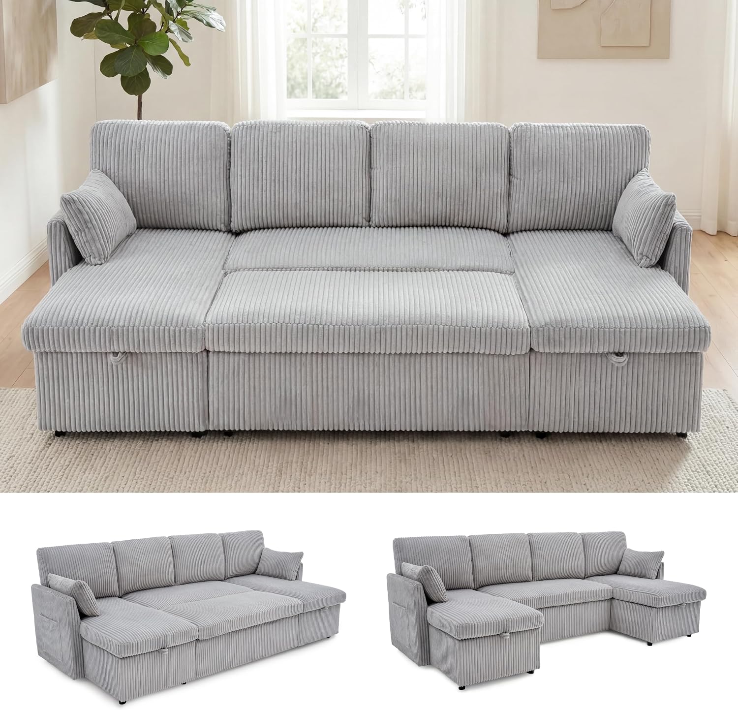 Huatean Home Oversized Sleeper Sofa Couch, 100 inch 2 in 1 Pullout Couch Bed with Side Pockets for Living Room, Sectional Sleeper Sofa Bed with Double Storage Chaise, CloudGrey