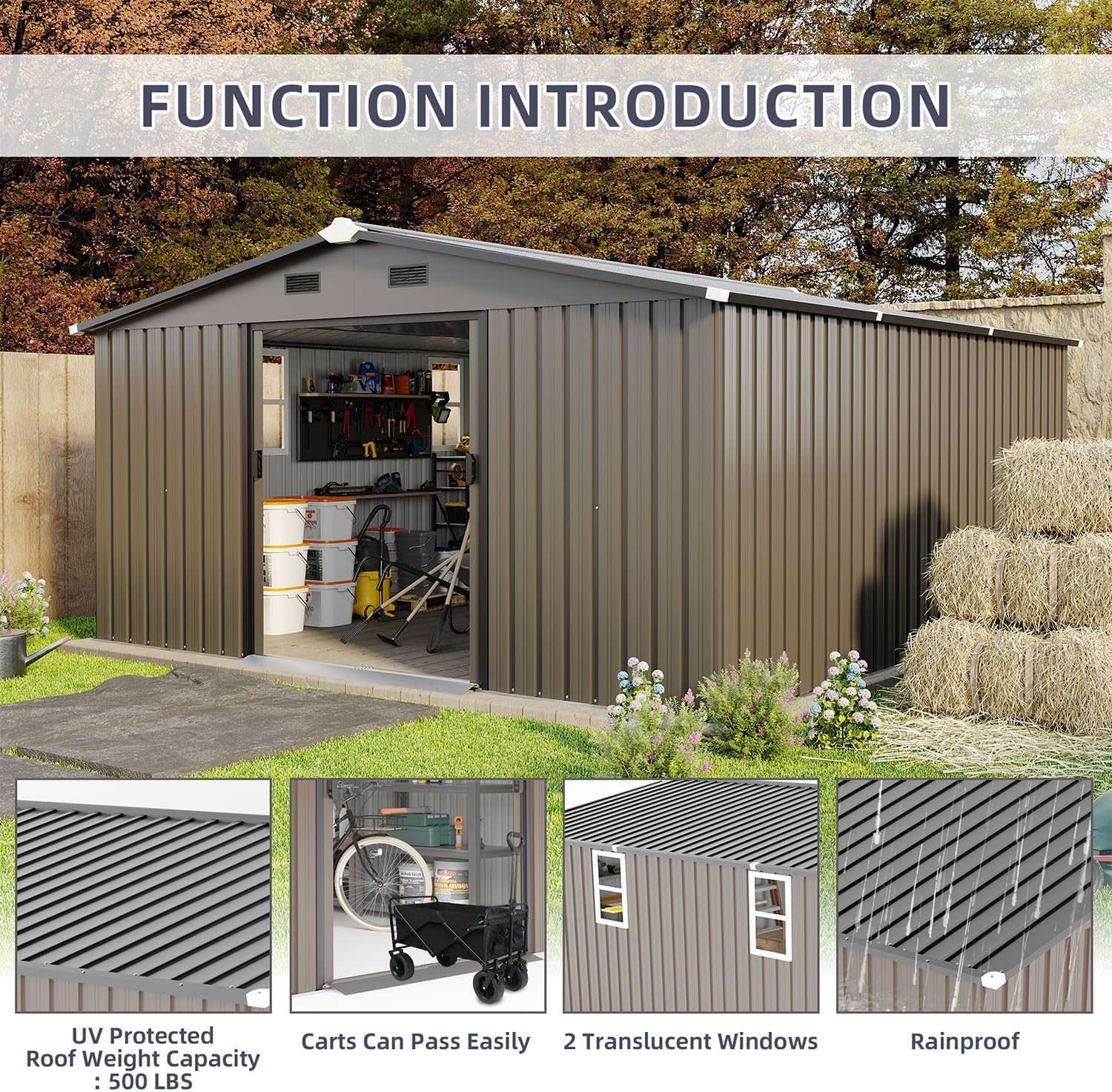10x12 FT Outdoor Metal Storage Shed, Heavy Duty Galvanized Steel Garden Shed with Lockable Door, Vents, Windows, Waterproof UV-Resistant Tool Storage for Backyard, Patio