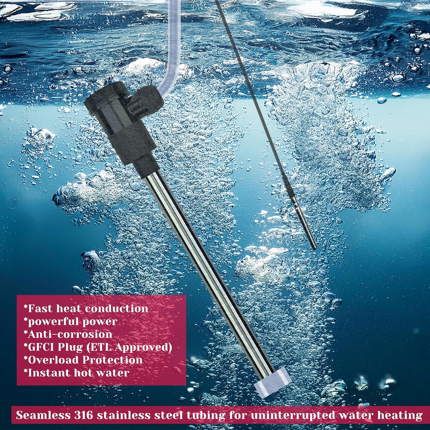 1500W Immersion Pool & Hot Tub Water Heater Portable Electric Submersible Heater with Temp Control & GFCI for pond, Inflatable Pool, Above-Ground Pool, Bathtub, baptismal pool and baptistry