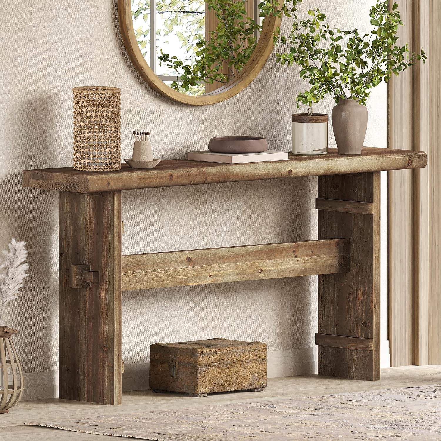 TRIBEWOOD 63-Inch Solid Wood Console Table for Entryway, Narrow Long Farmhouse Sofa Table Behind Couch, for Foyer, Hallway, Living Room, Easy Asswmbly, Brown Greige